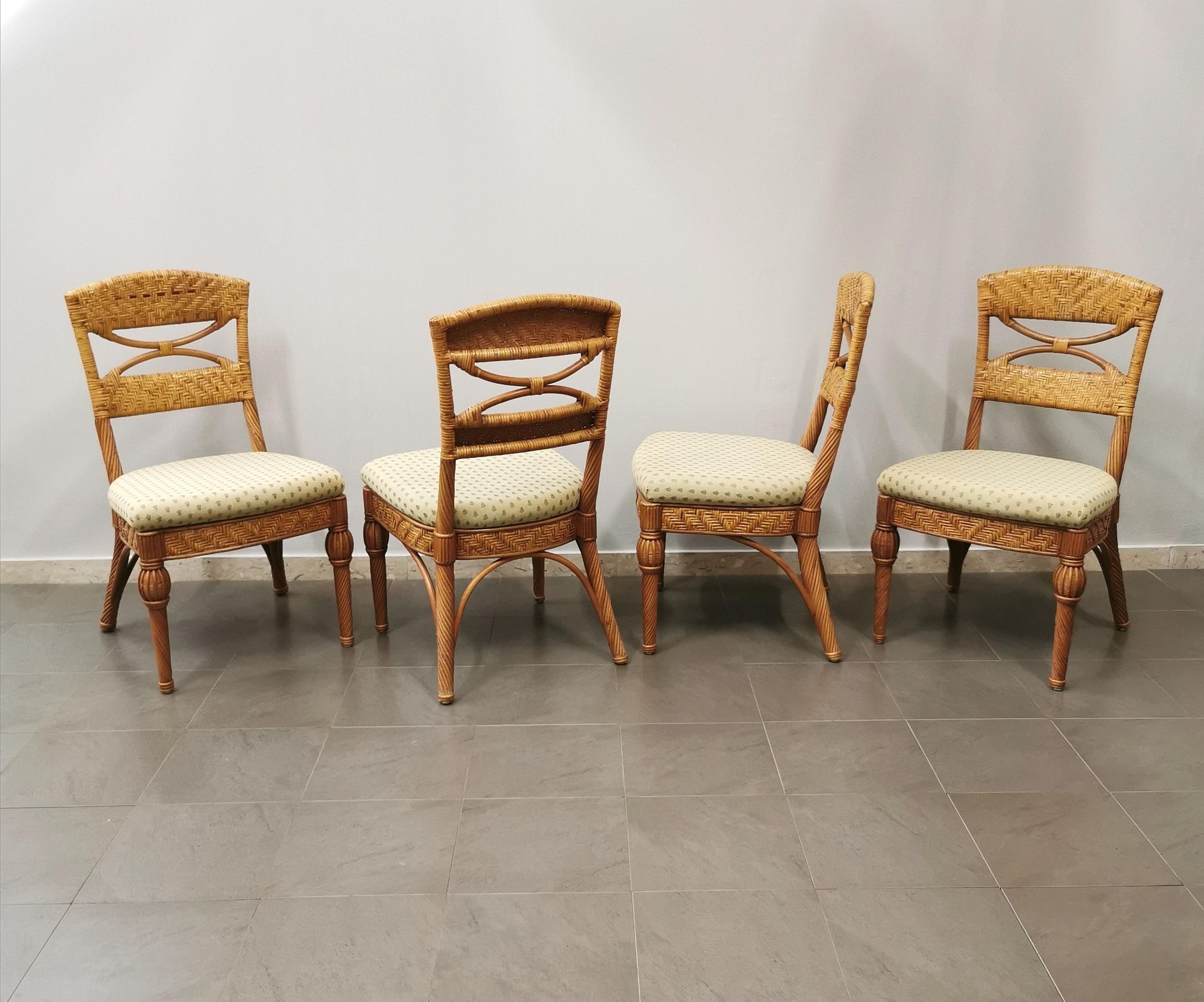 Mid-Century Modern Chaises de salle à manger en tissu d'osier Vivai del Sud Italie du milieu du siècle 1980 Lot de 4 en vente