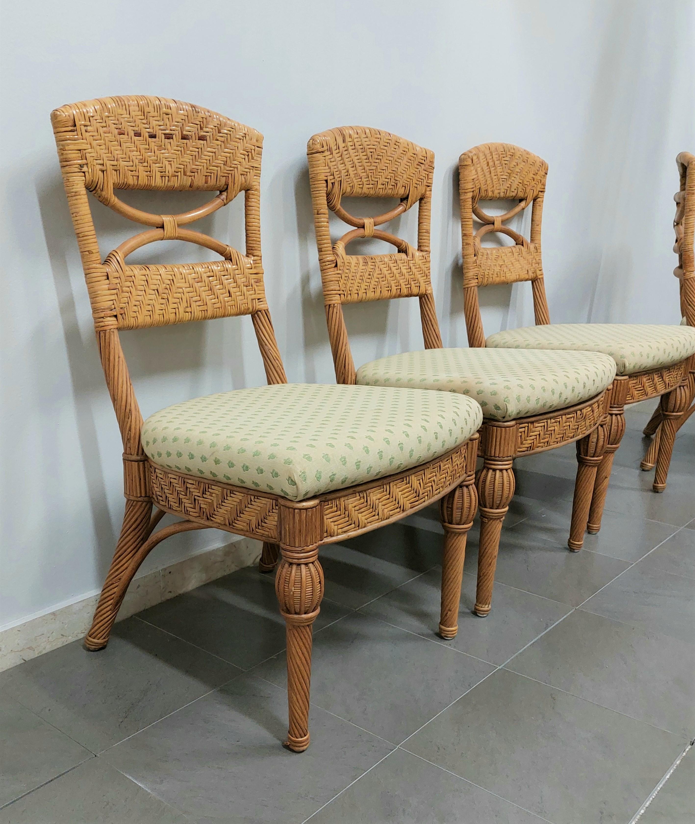 Dining Room Chairs Wicker Fabric Vivai del Sud Midcentury Italy 1980s Set of 4 For Sale 1