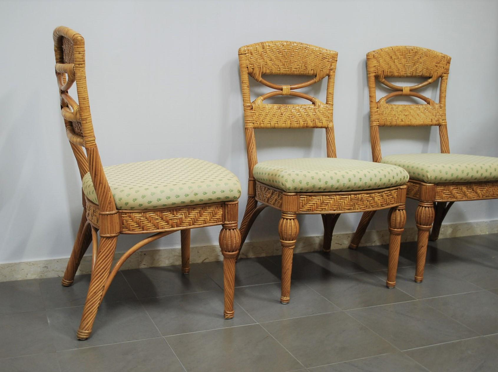 20th Century Dining Room Chairs Wicker Fabric Vivai del Sud Midcentury Italy 1980s Set of 4 For Sale