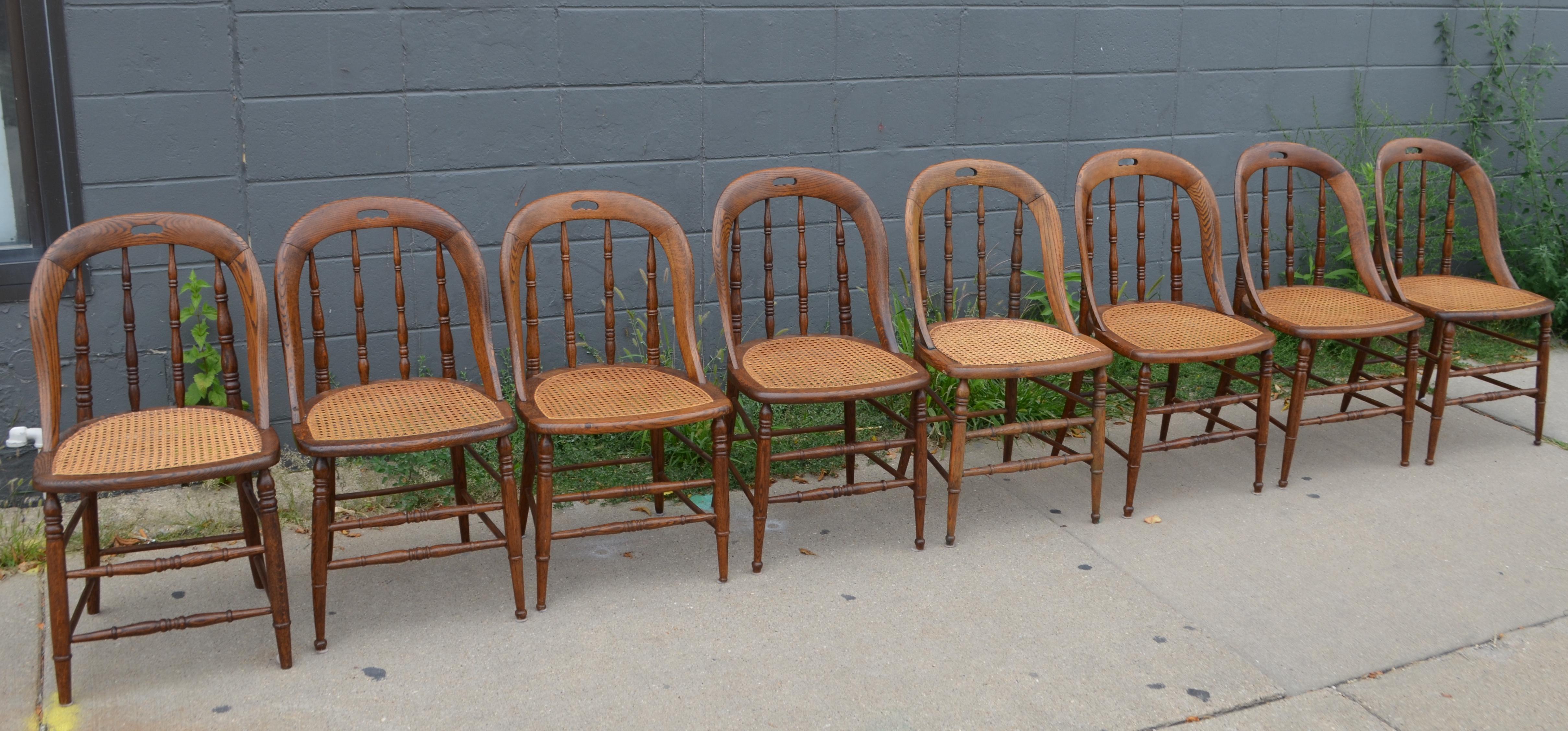 English Dining Room Chairs with Caned Seats, Victorian Windsor Bow Back Style, Set of 8