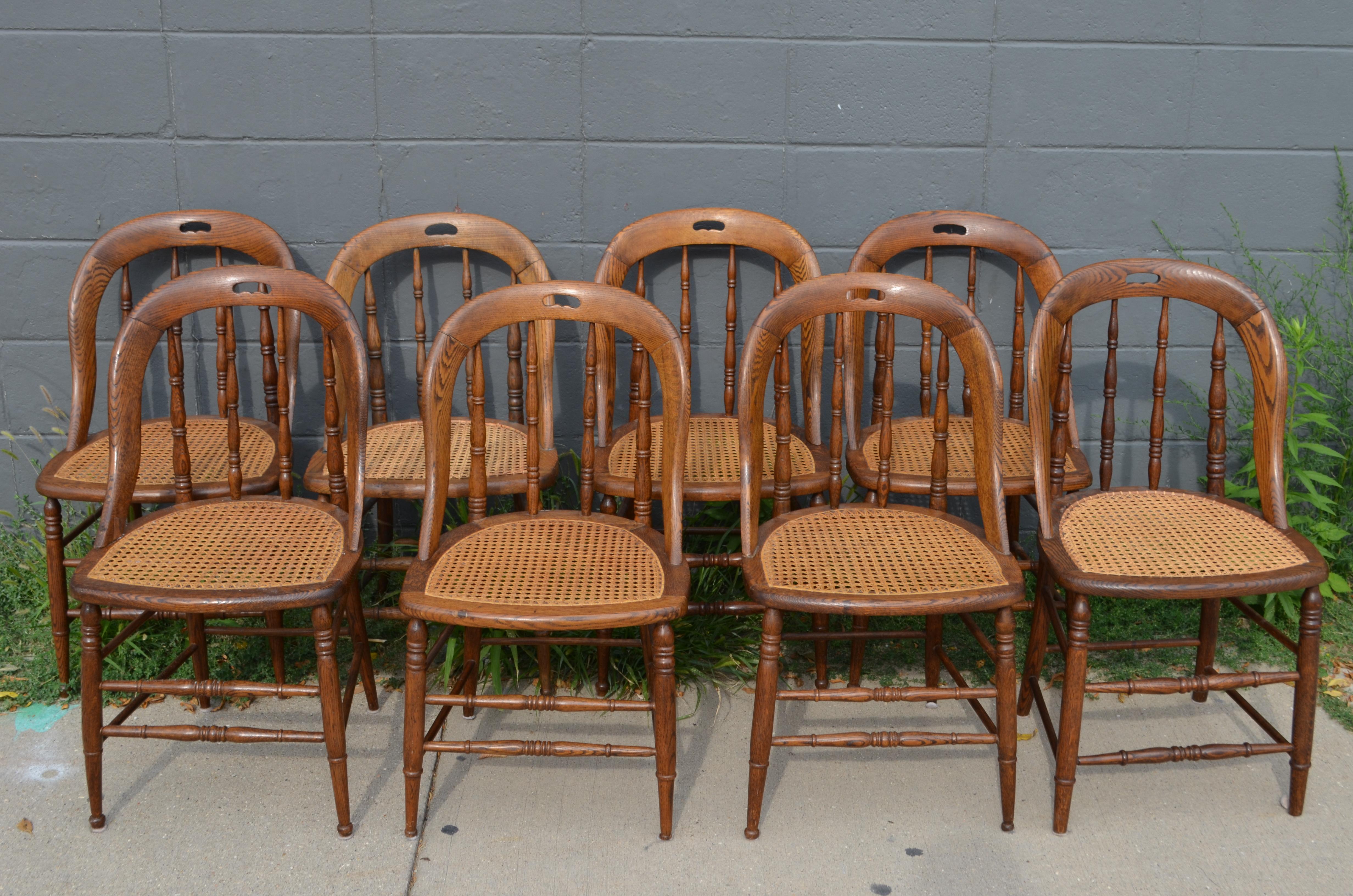 Caning Dining Room Chairs with Caned Seats, Victorian Windsor Bow Back Style, Set of 8