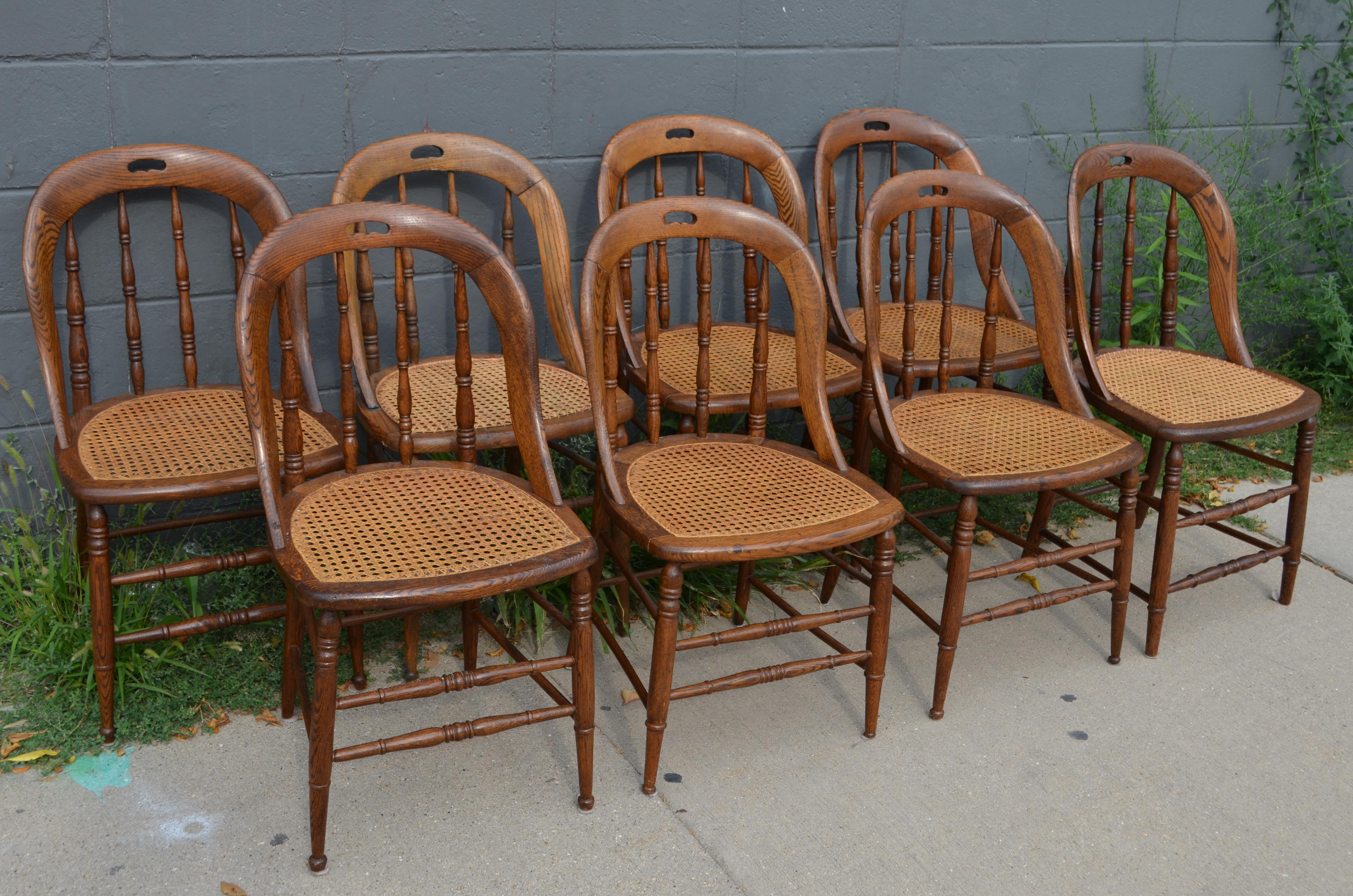 Dining Room Chairs with Caned Seats, Victorian Windsor Bow Back Style, Set of 8 In Good Condition In Madison, WI