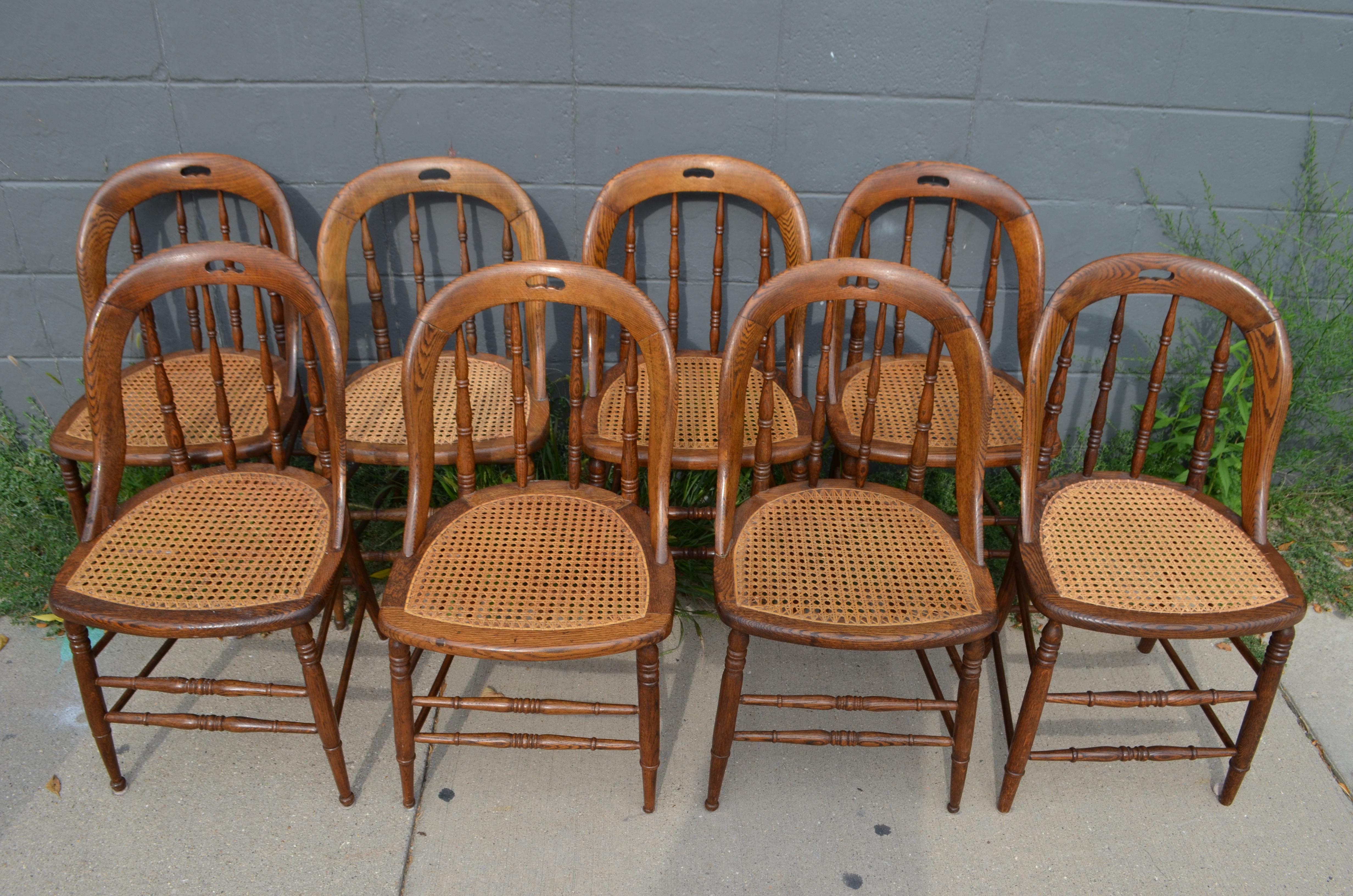 19th Century Dining Room Chairs with Caned Seats, Victorian Windsor Bow Back Style, Set of 8