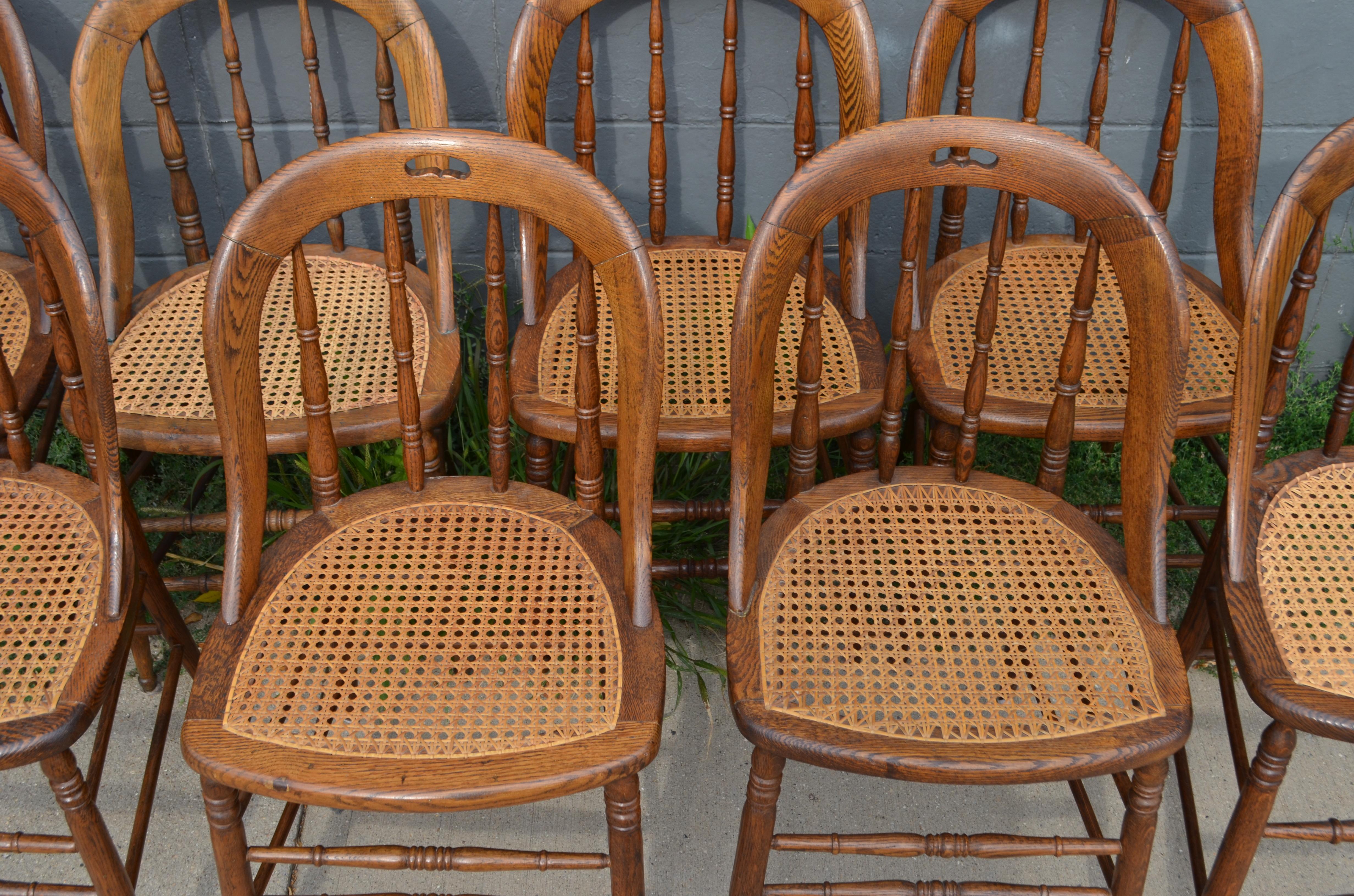 Pine Dining Room Chairs with Caned Seats, Victorian Windsor Bow Back Style, Set of 8