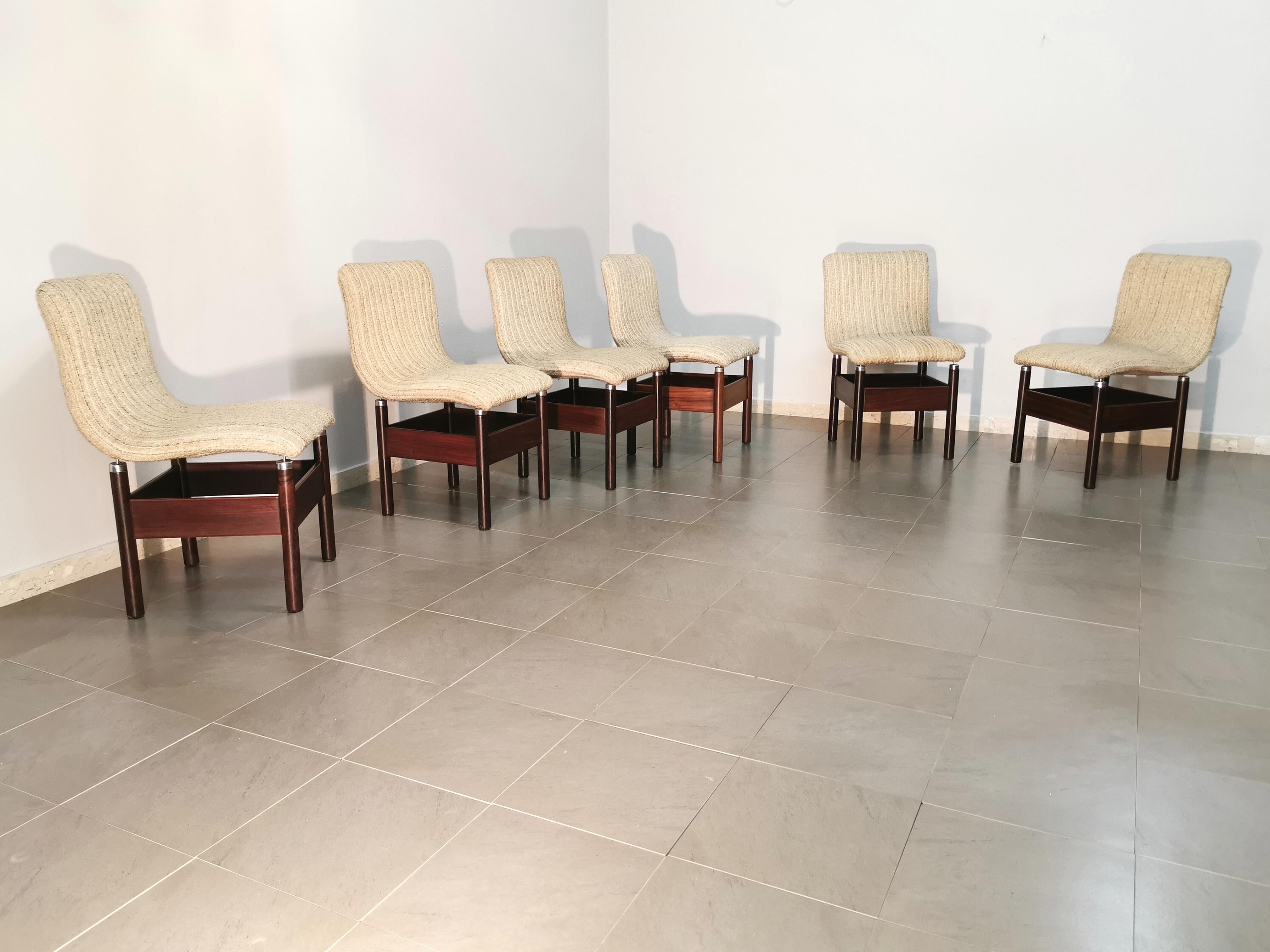 Mid-Century Modern Dining Chairs Wool Wood by Vittorio Introini for Saporiti Italy 1960s Set of 6