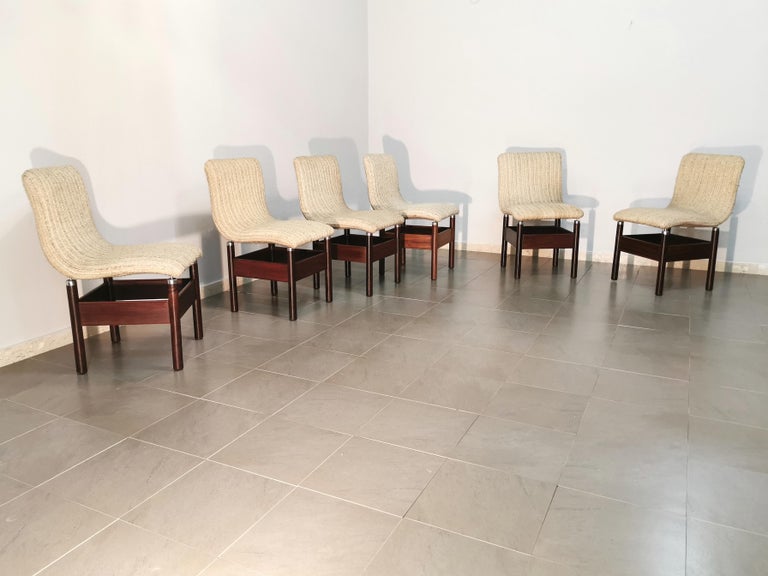 Mid-Century Modern Dining Chairs Wool Wood by Vittorio Introini for Saporiti Italy 1960s Set of 6 For Sale