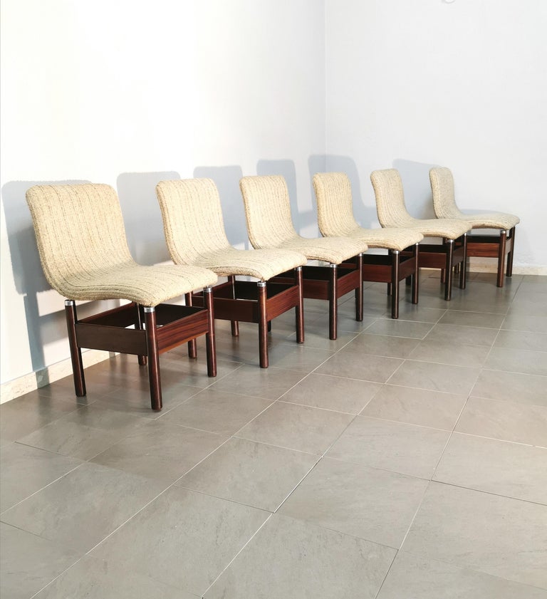 Italian Dining Chairs Wool Wood by Vittorio Introini for Saporiti Italy 1960s Set of 6 For Sale