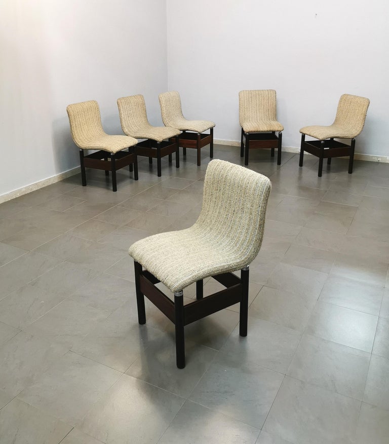 Dining Chairs Wool Wood by Vittorio Introini for Saporiti Italy 1960s Set of 6 For Sale 3