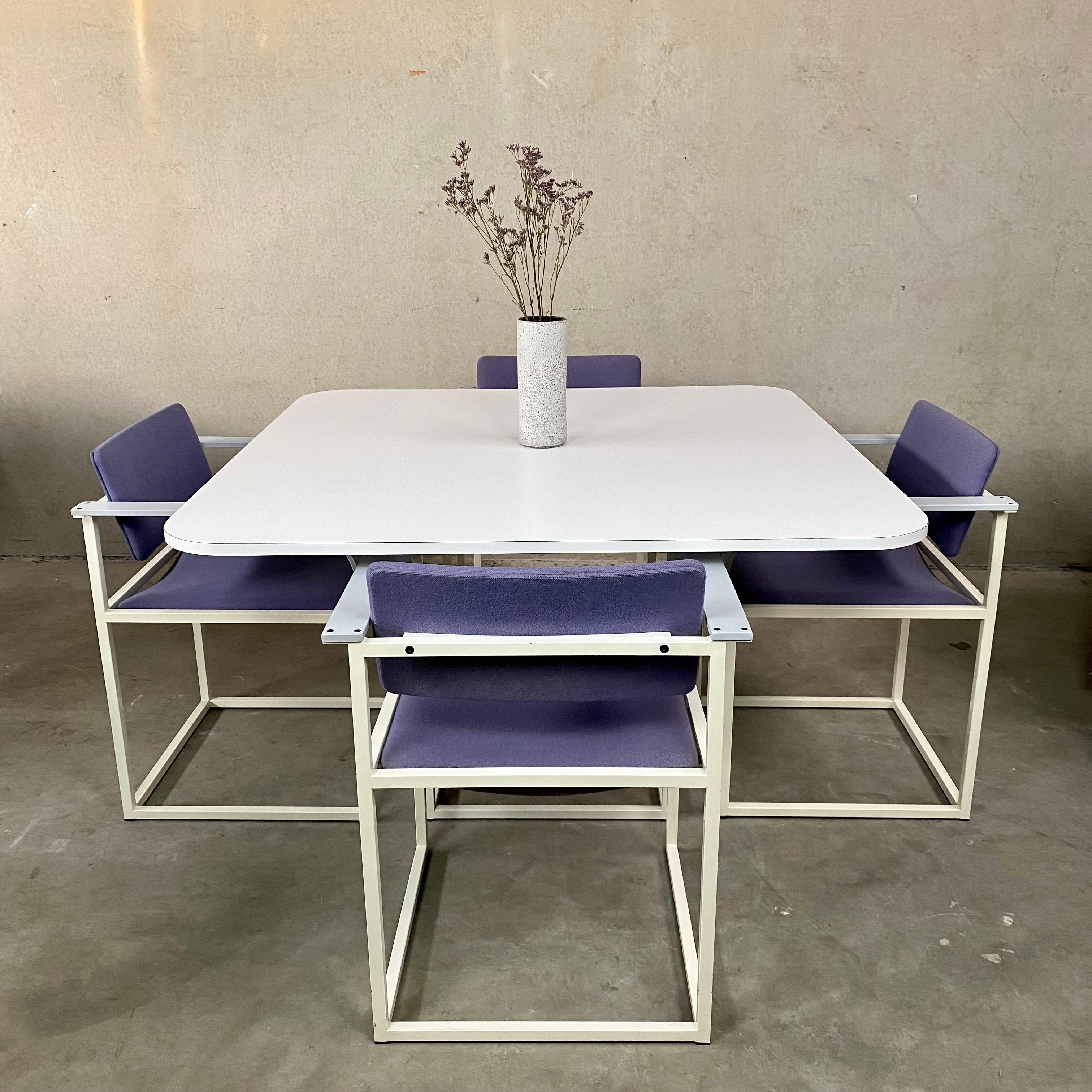 Dining table and chairs by Pierre Mazairac & Karel Boonzaaijer for Pastoe, Netherlands 1980s

Set of 4 modern vintage dining table chairs, type FM80, designed by the duo Pierre Mazairac & Karel Boonzaaijer for Pastoe, 1980s. White coated metal