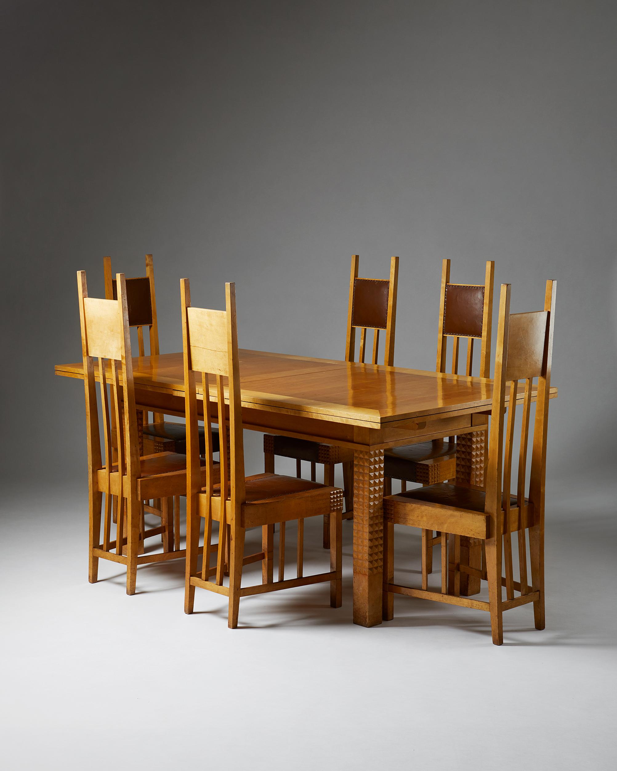 Dining set designed by Uno Ullberg for Hangö Ångsåg & Ångsnickeri AB,
Finland, 1905.

Birch and leather.

Set includes ten dining chairs and dining table.

Uno Ullberg was one of the most important Finnish architects of the early 1900's, drawing