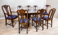 Oak & Walnut Dining Room Set From the Interwar Period in Blue Upholstery
