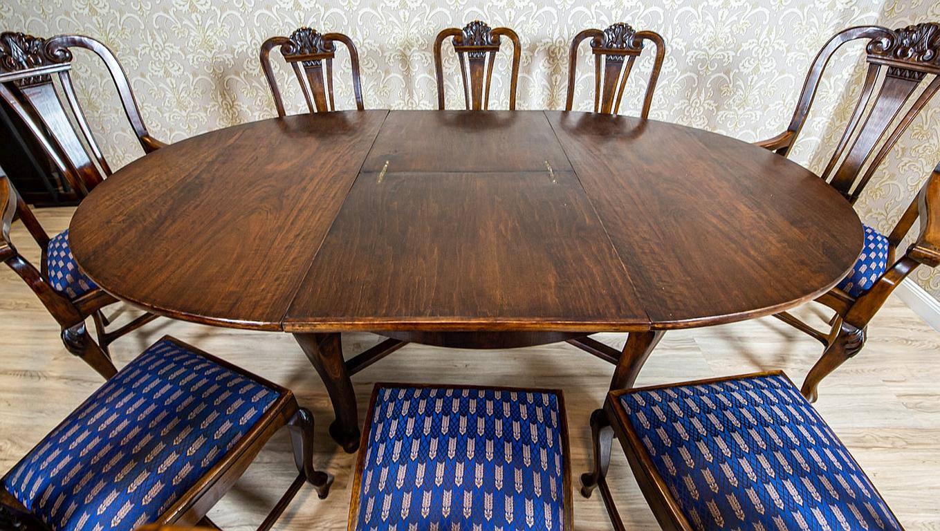 Polish Oak & Walnut Dining Room Set From the Interwar Period in Blue Upholstery For Sale