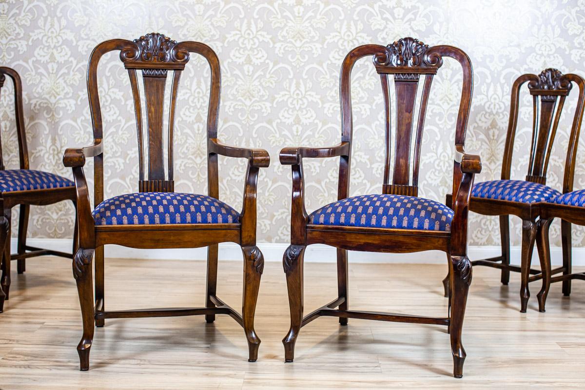 20th Century Oak & Walnut Dining Room Set From the Interwar Period in Blue Upholstery For Sale