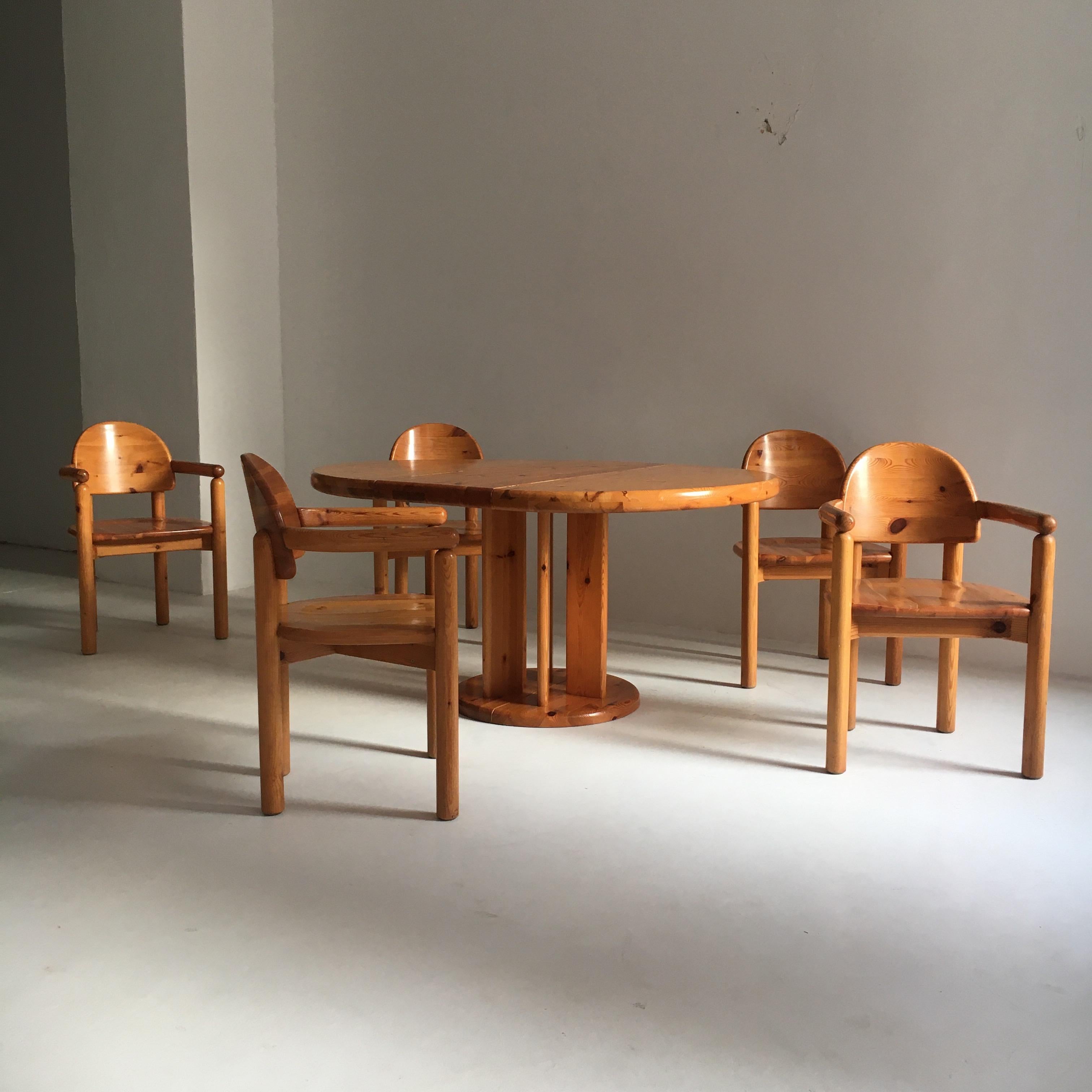 Dining room set pine table five armchairs by Rainer Daumiller, Denmark, 1970.