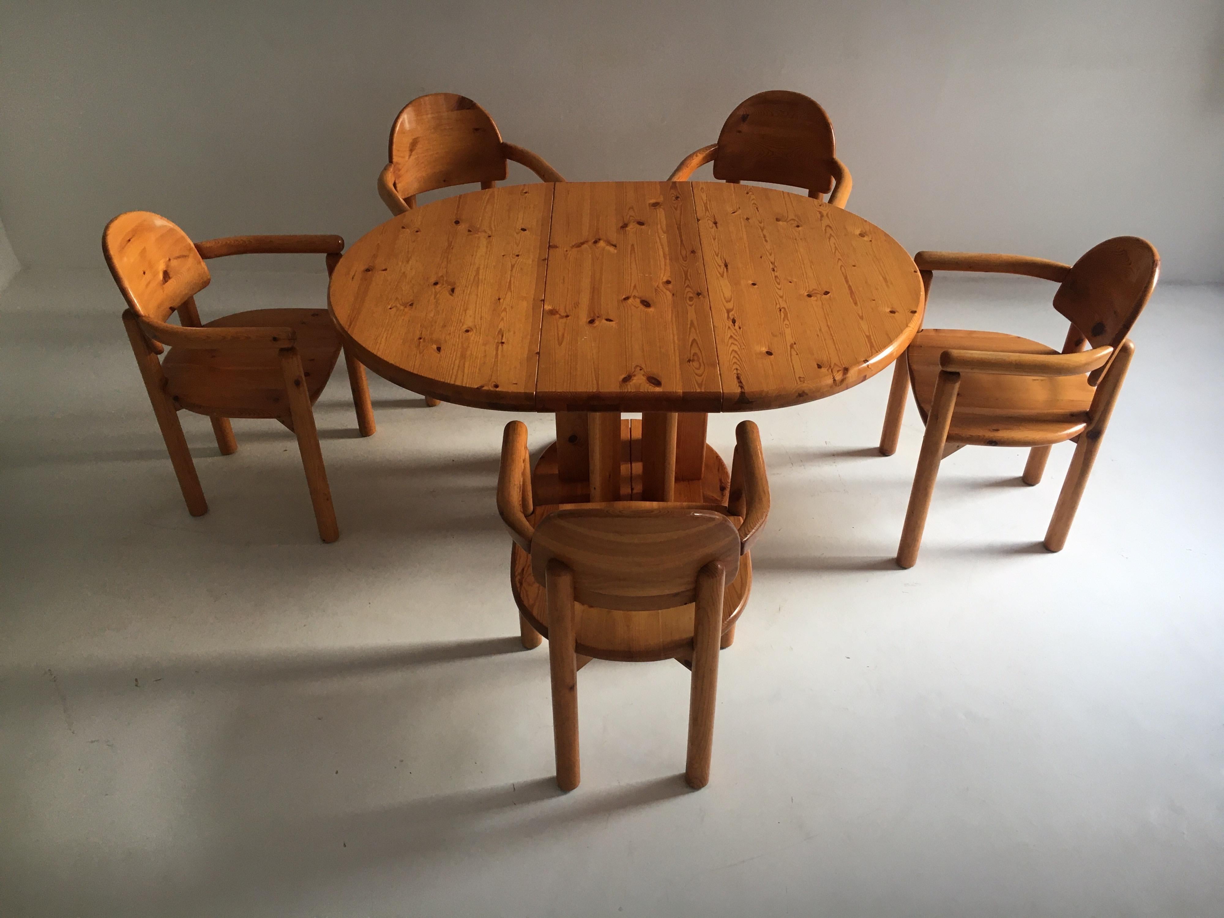 Danish Dining Room Set Pine Table Five Armchairs by Rainer Daumiller, Denmark, 1970