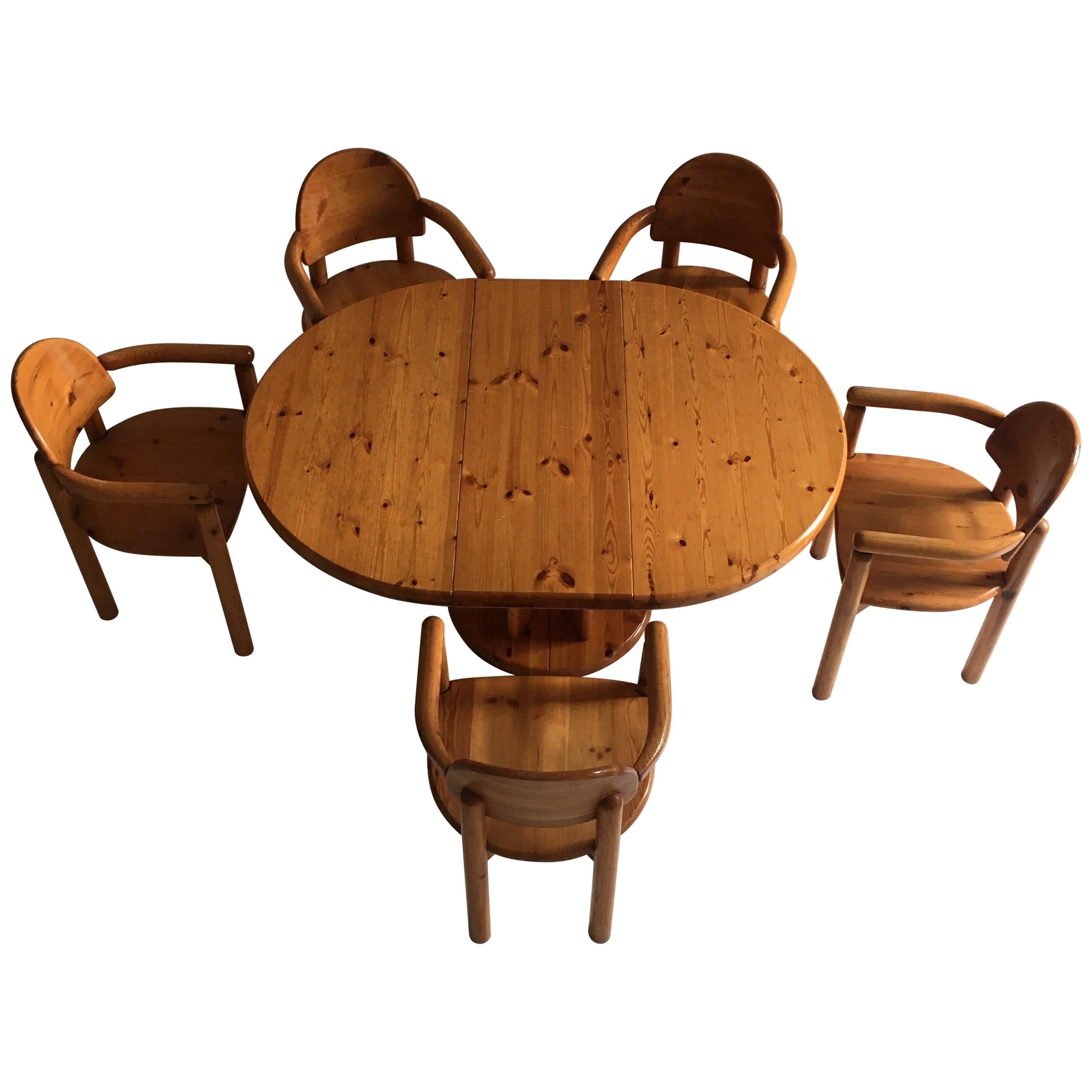 Dining Room Set Pine Table Five Armchairs by Rainer Daumiller, Denmark, 1970