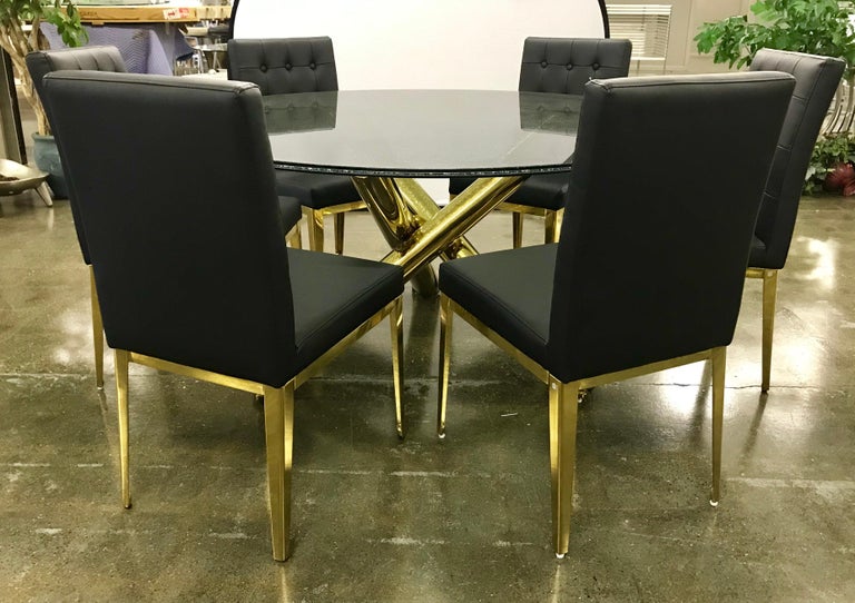 Round Glass and Brass Dining Table and 6 Black Leather Chairs at 1stDibs | round  glass dining table for 6, round glass dining table set for 6, glass round  dining table for 6