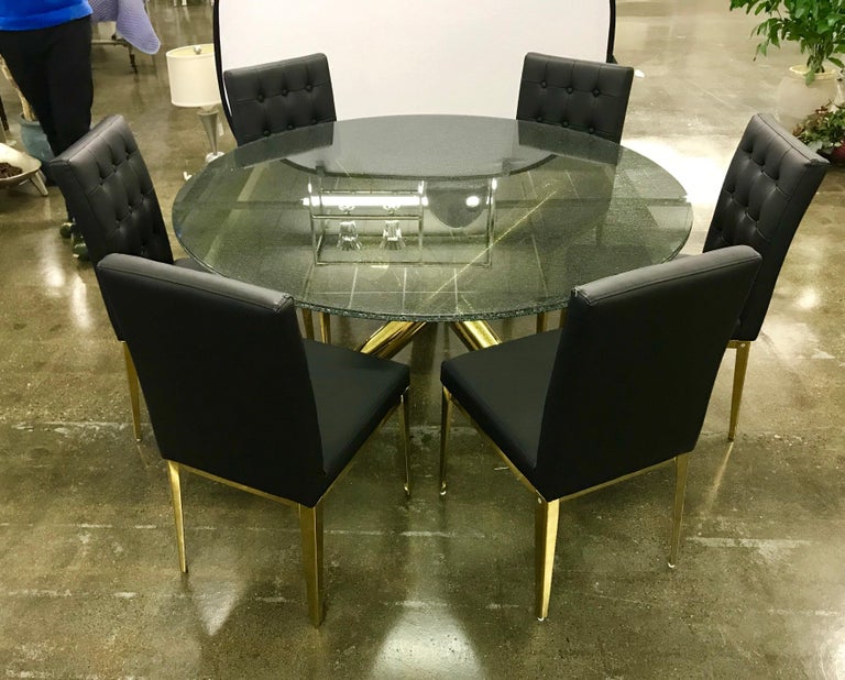 Round Glass And Brass Dining Table, Dining Table And 6 Black Leather Chairs