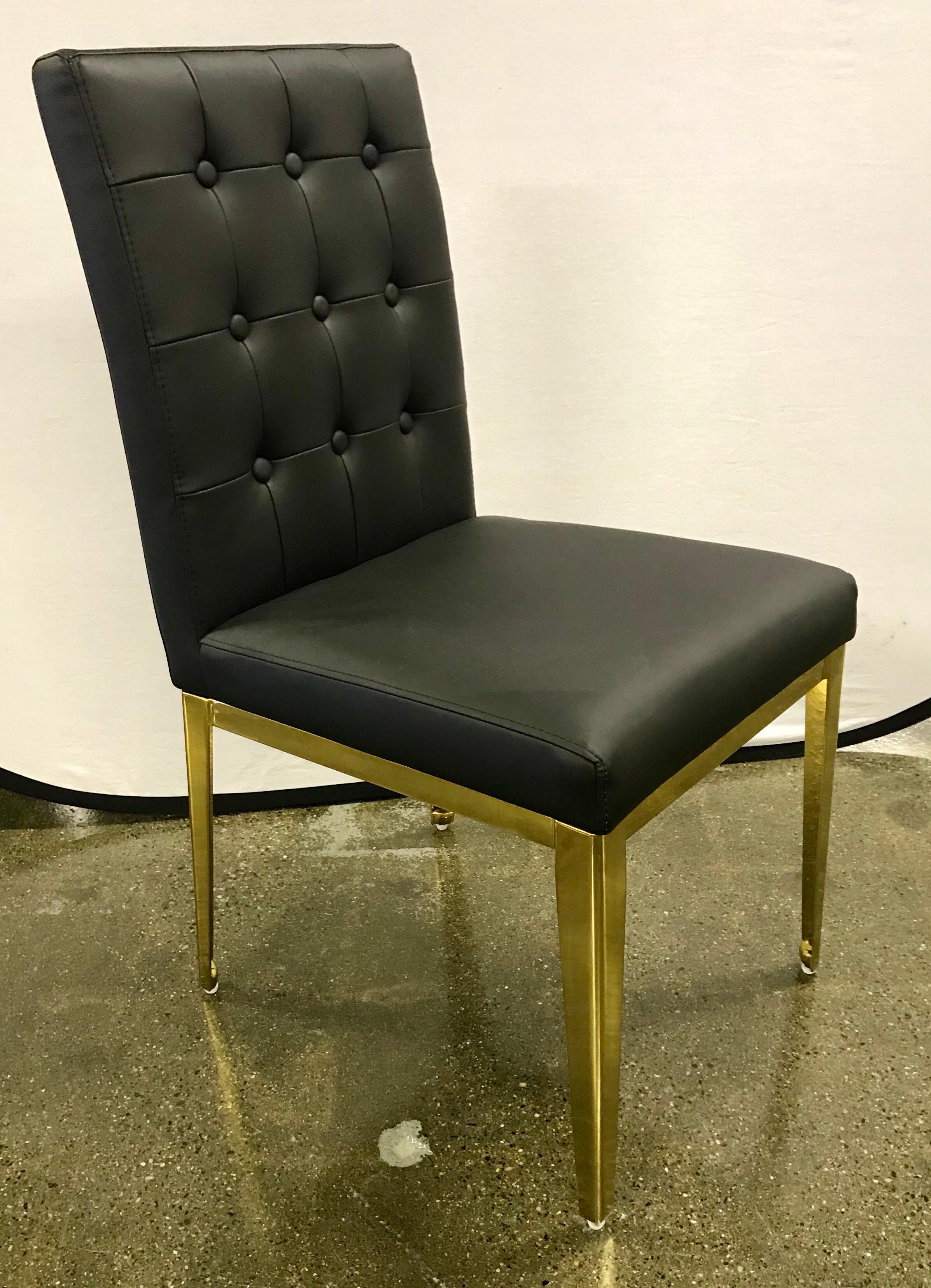 Contemporary Round Glass and Brass Dining Table and 6 Black Leather Chairs