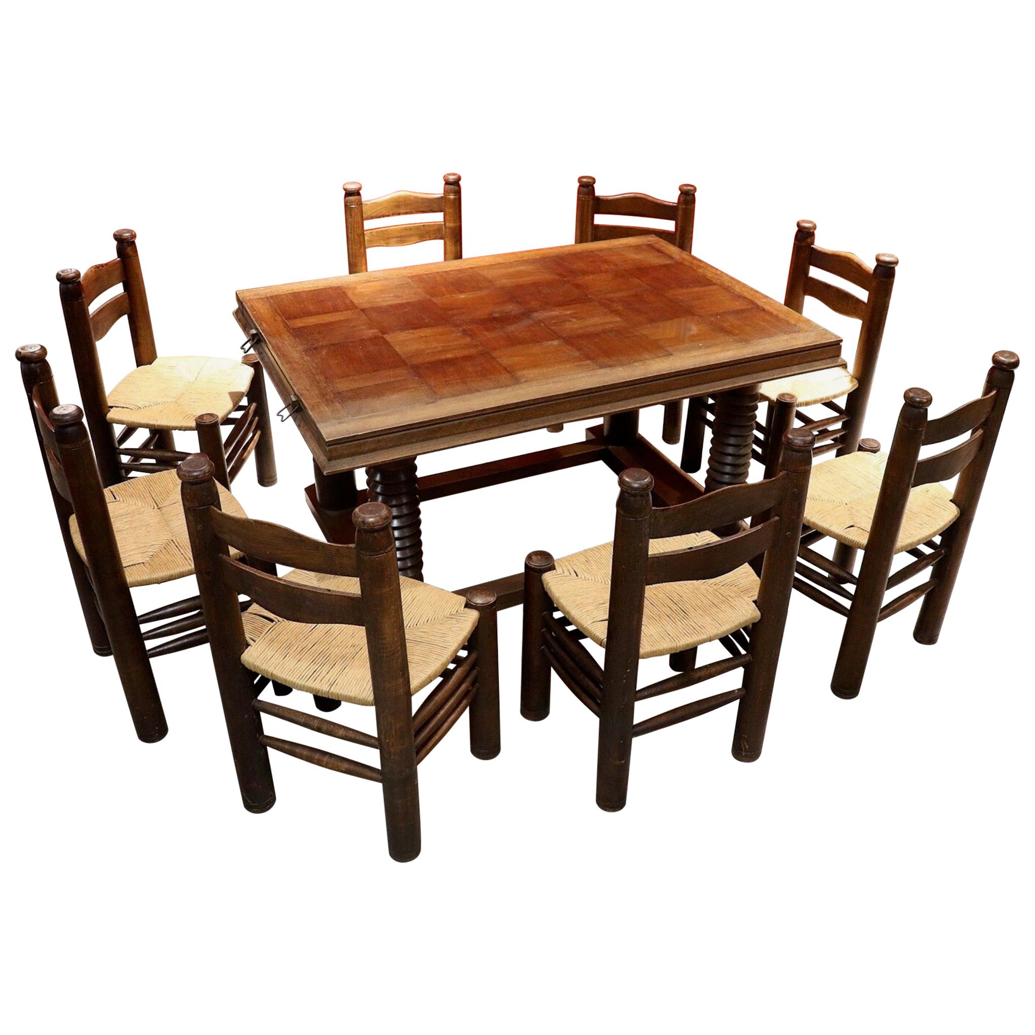 Dining Room Set Table and 8 Chairs Charles Dudouyt Oak, 1940 For Sale