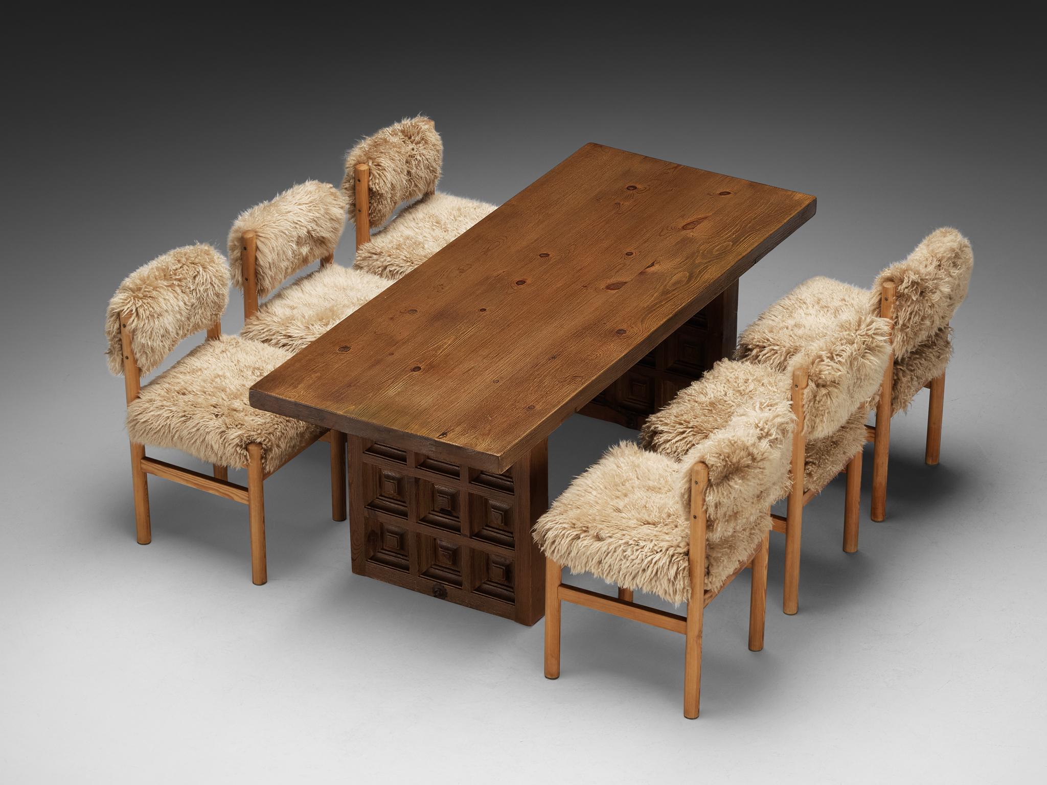20th Century Dining Room Set with Biosca Spanish Dining Table and Chairs in Sheepskin