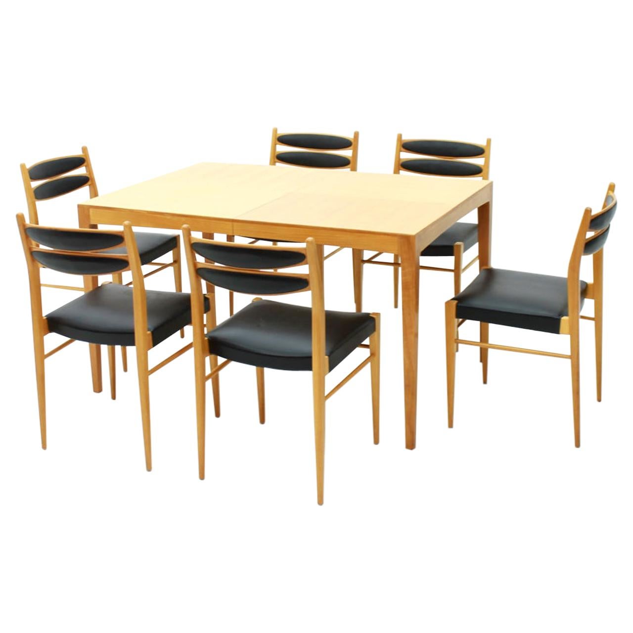 Dining Room Set with Six Chairs in Cherrywood and Black Leather, 1957 For Sale