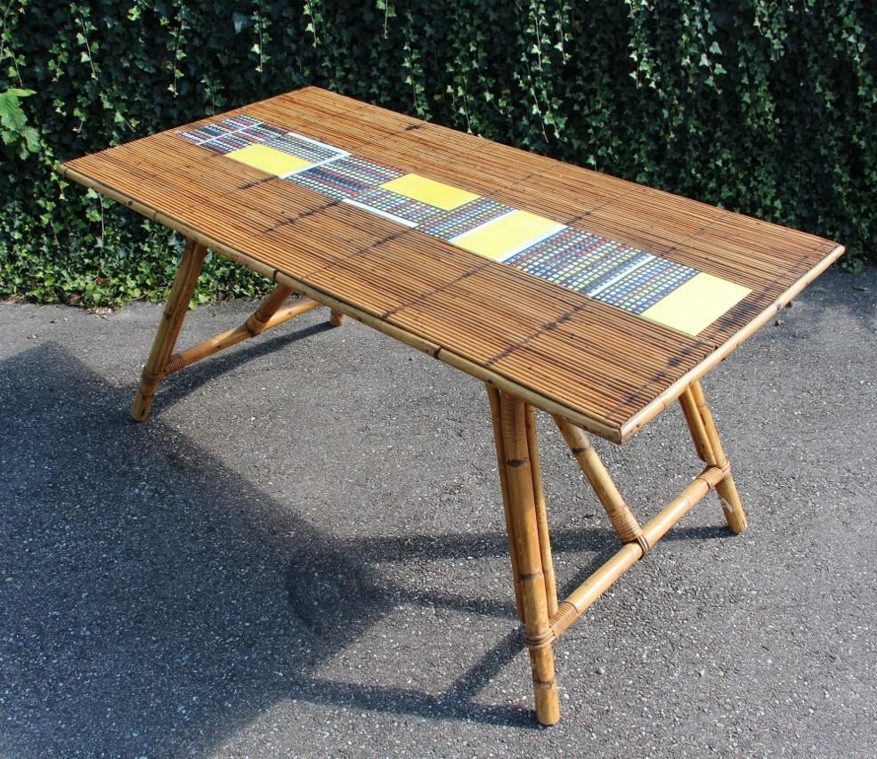 bamboo and earthenware tile table, pyjama model by Roger Capron, table structure by Audoux Minneten, good condition, minimal wear and tear from time and use from the 50s-60s
