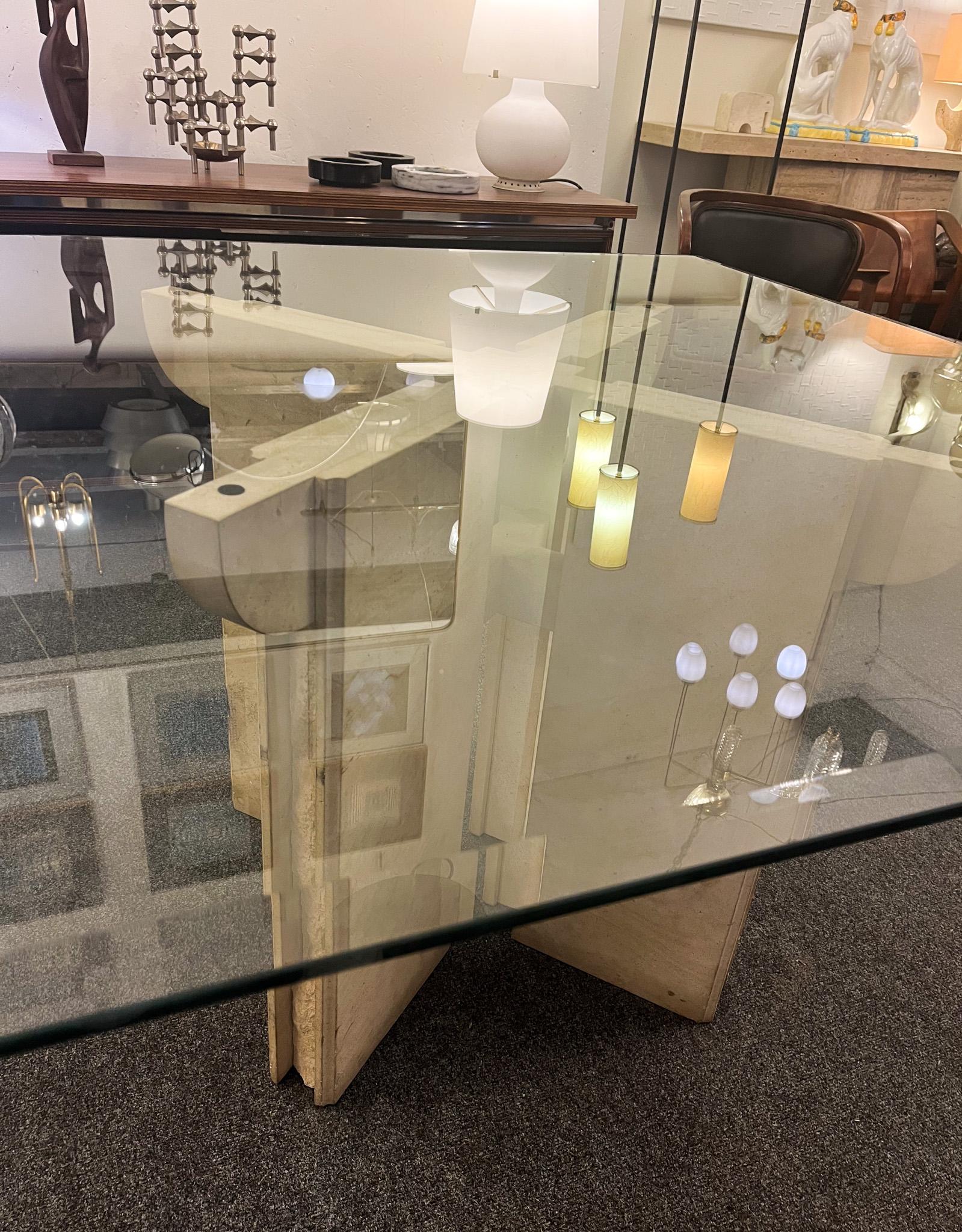 Mid-Century Modern Dining Room Table in Travertine with Glass Top, Italy, 1970s For Sale