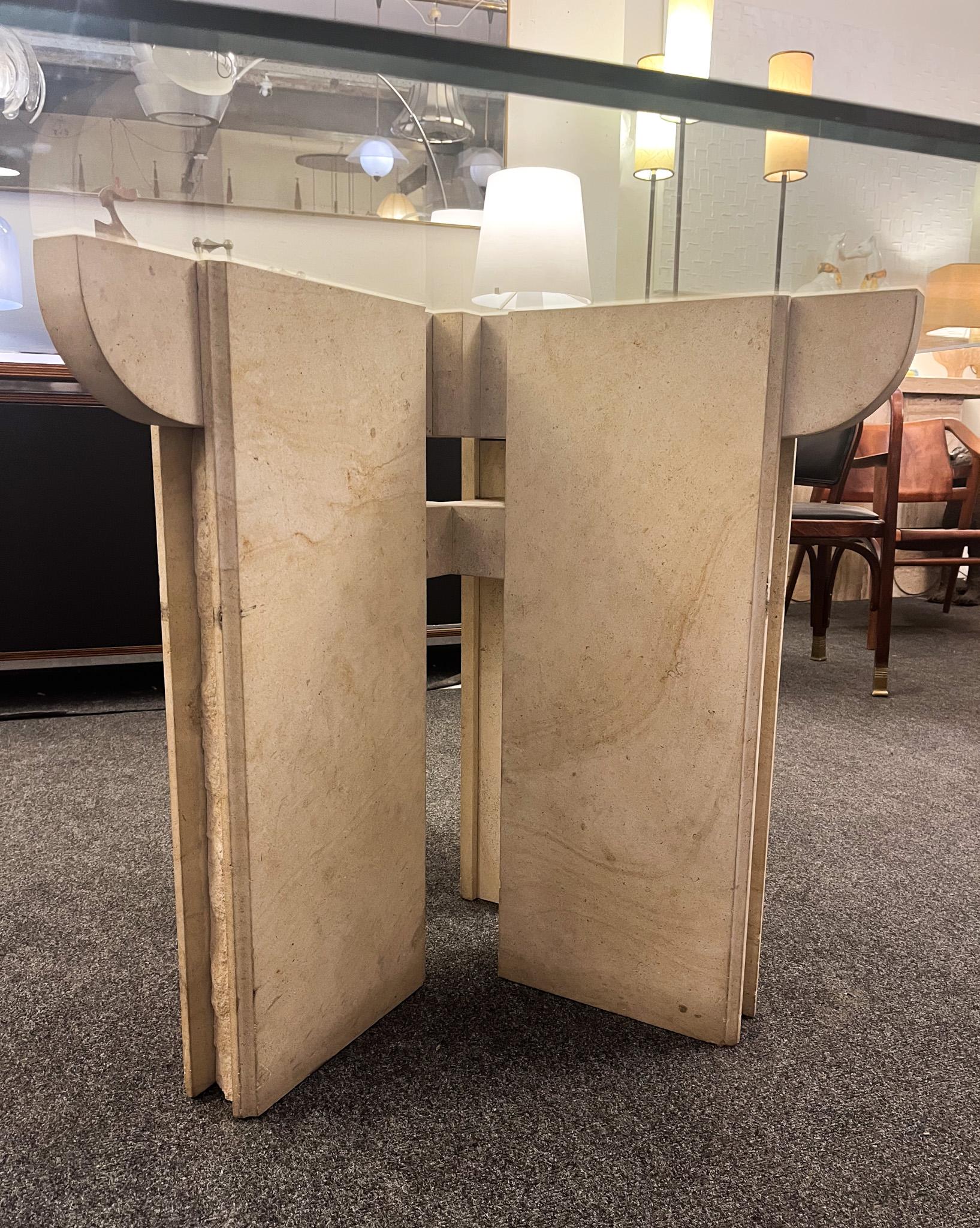 Italian Dining Room Table in Travertine with Glass Top, Italy, 1970s For Sale