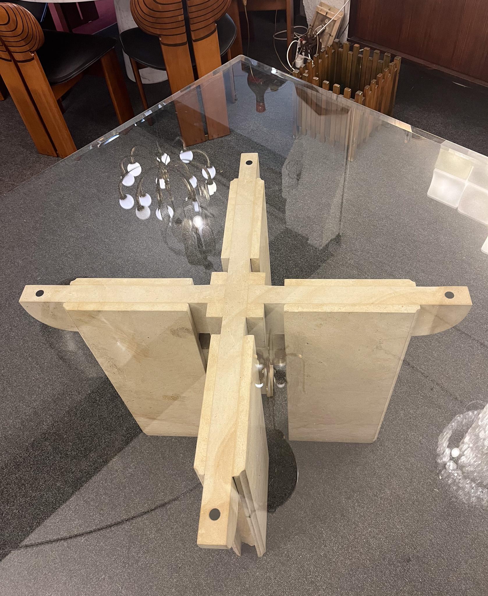 Dining Room Table in Travertine with Glass Top, Italy, 1970s In Good Condition For Sale In Brussels, BE