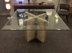 Dining Room Table in Travertine with Glass Top, Italy, 1970s