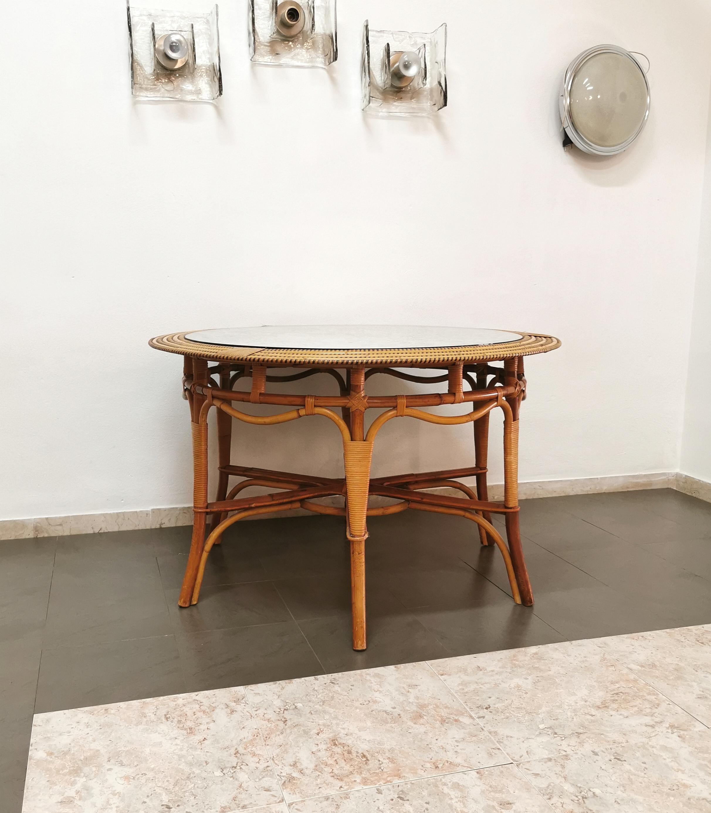 Mid-Century Modern Dining Room Table Rattan Bamboo Glass Fabric Valentino Vivai del Sud Midcentury
