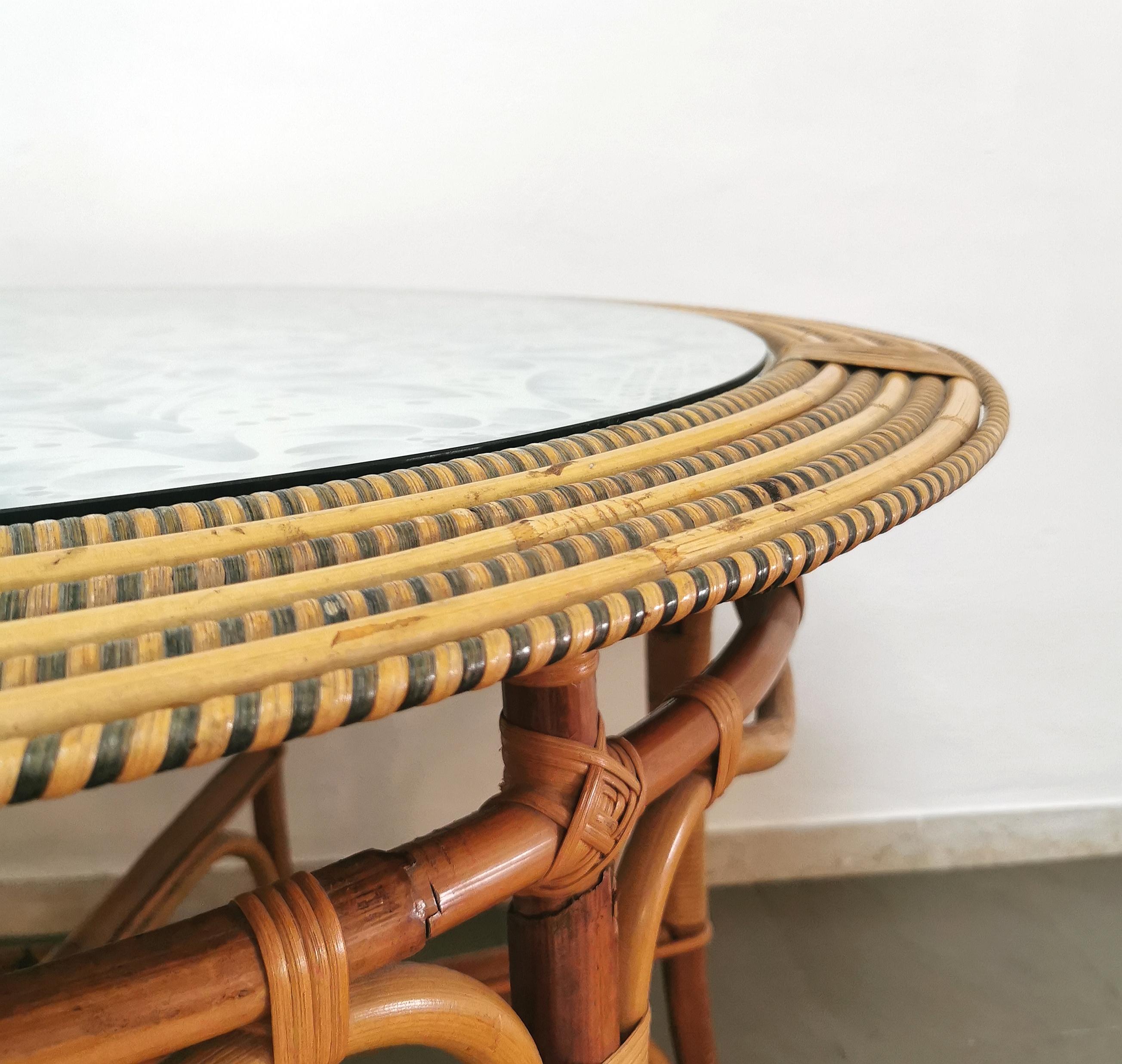 Italian Dining Room Table Rattan Bamboo Glass Fabric Valentino Vivai del Sud Midcentury