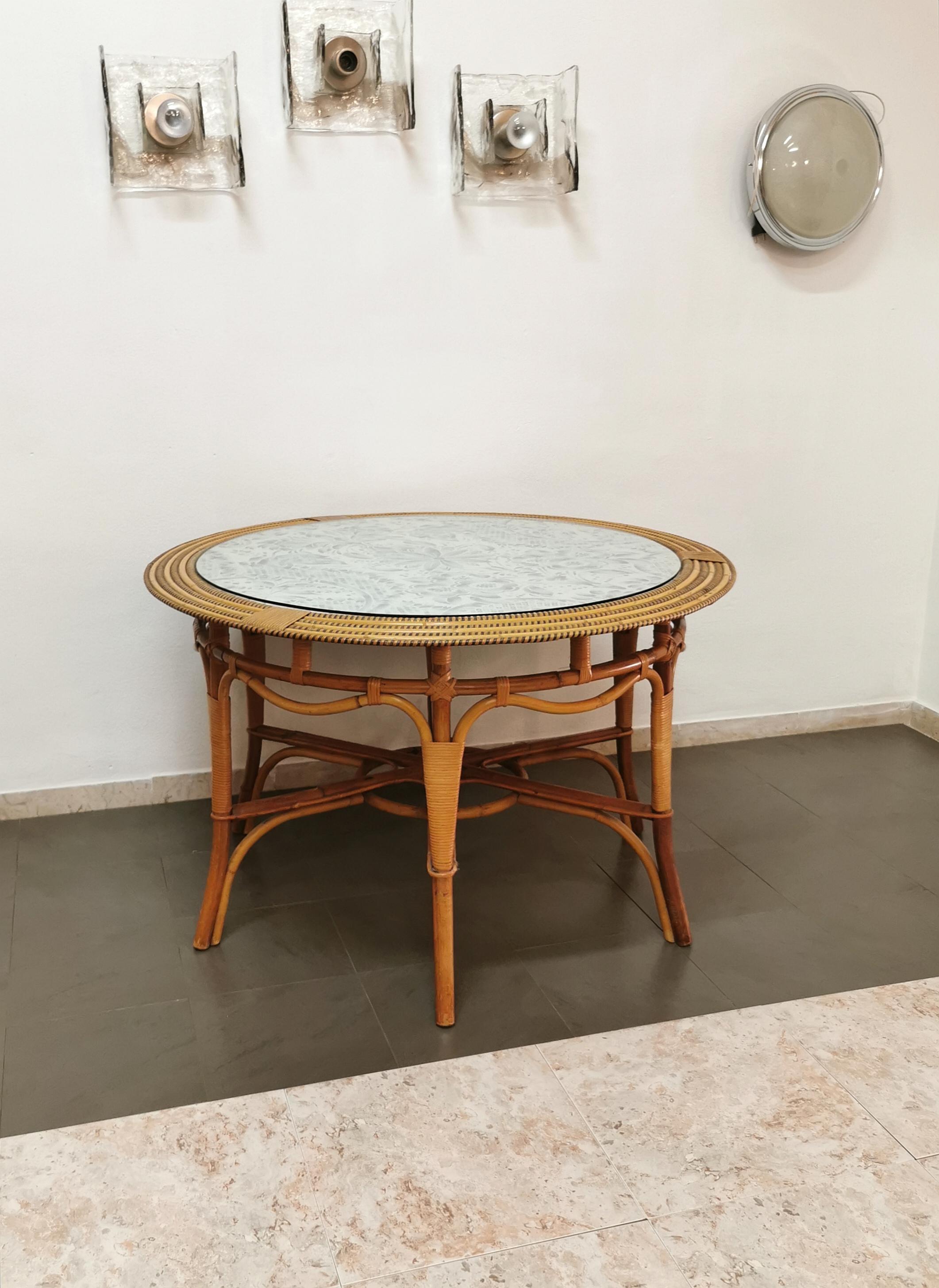 Dining Room Table Rattan Bamboo Glass Fabric Valentino Vivai del Sud Midcentury 2