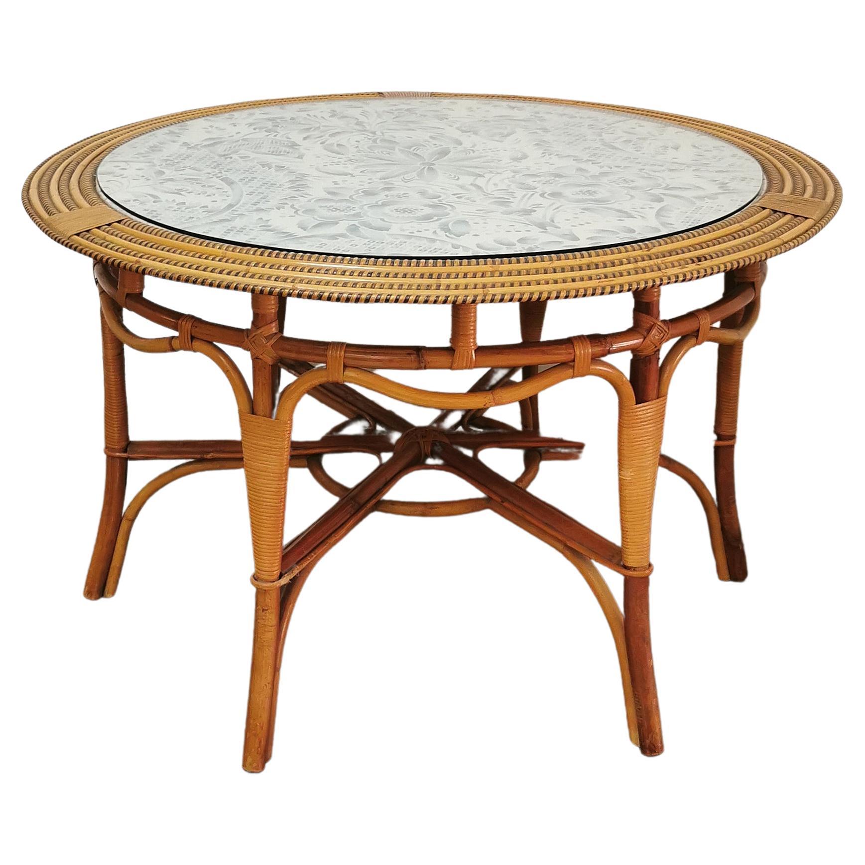 Dining Room Table Rattan Bamboo Glass Fabric Valentino Vivai del Sud Midcentury