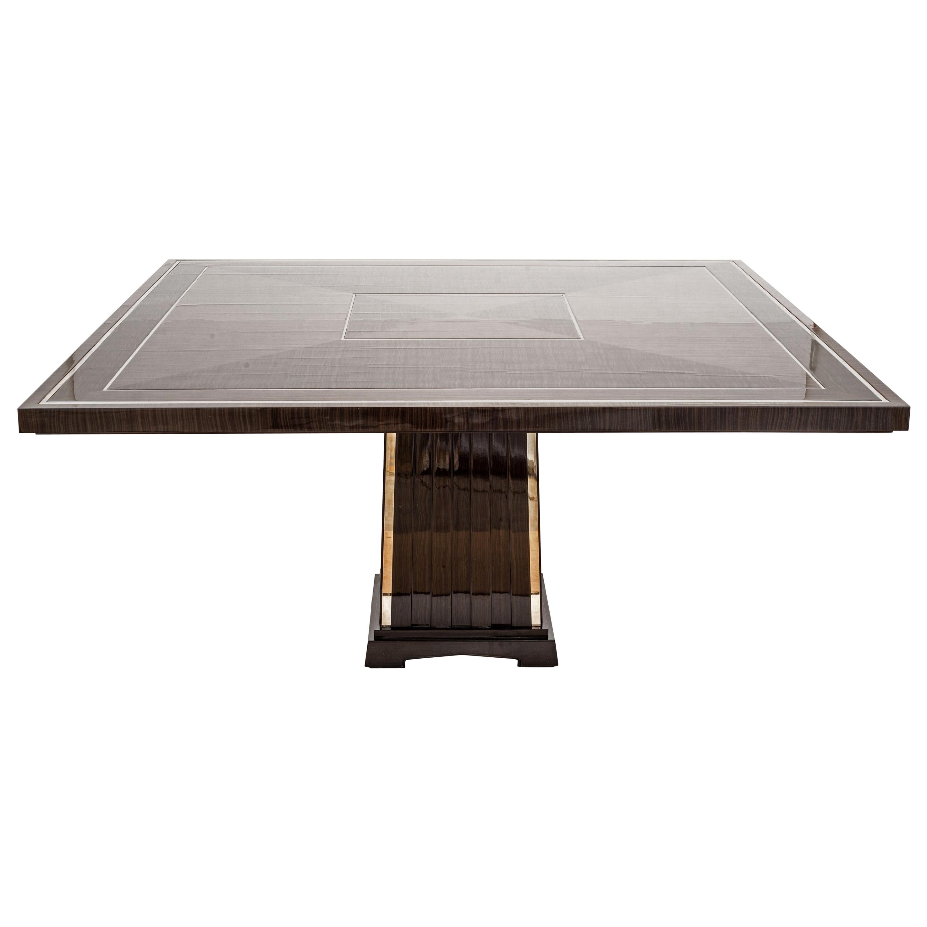 Dining Room Table Veneer Wood Square Top and Base with Chrome Inserts