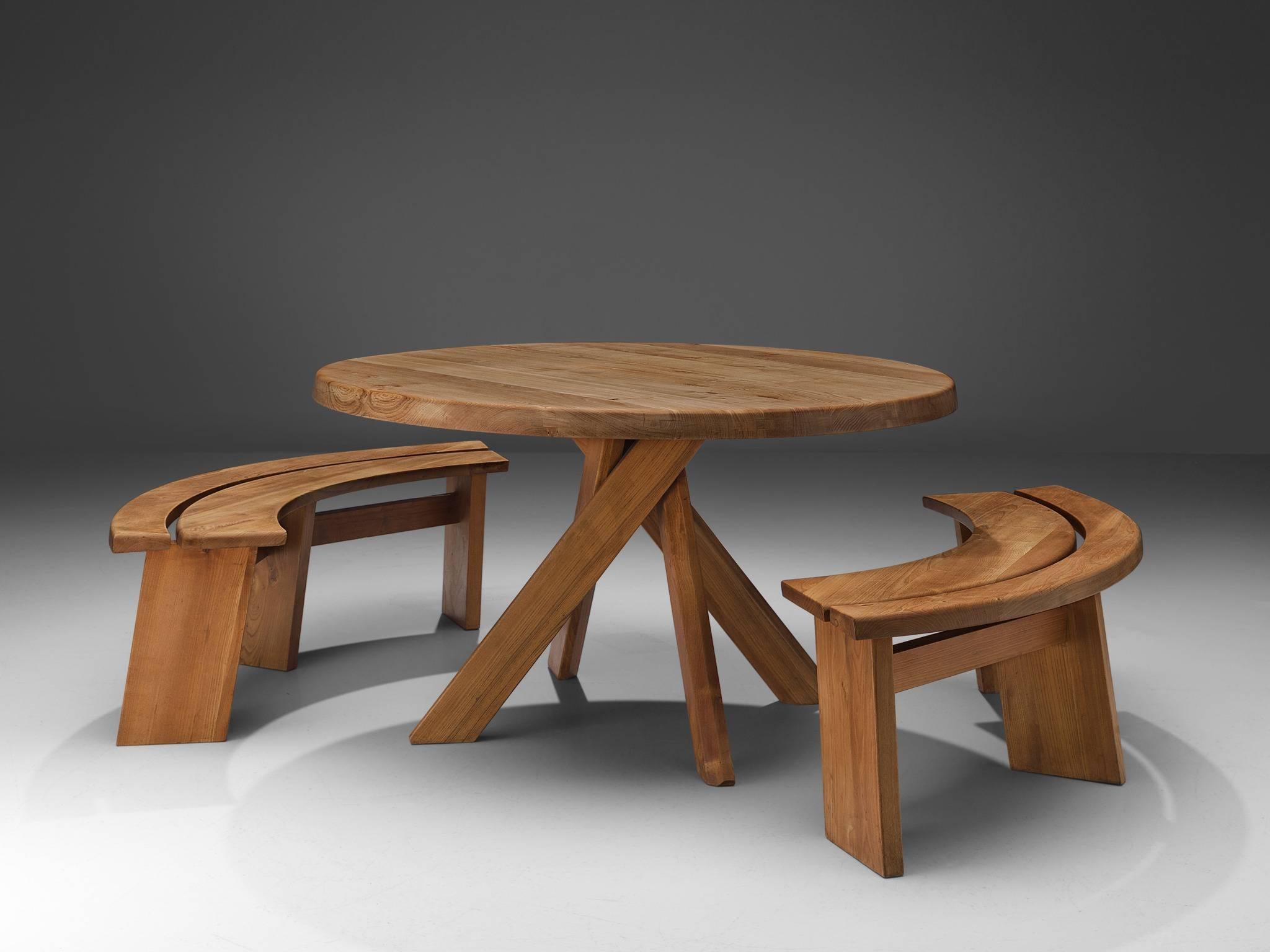 Pierre Chapo, Dining set with round pedestal table and two benches, models T21C and S38A, solid elmwood, France, 1960s.

Very well crafted round pedestal T21C table and 2 quarter round S38A benches, all in good condition. The basic design and