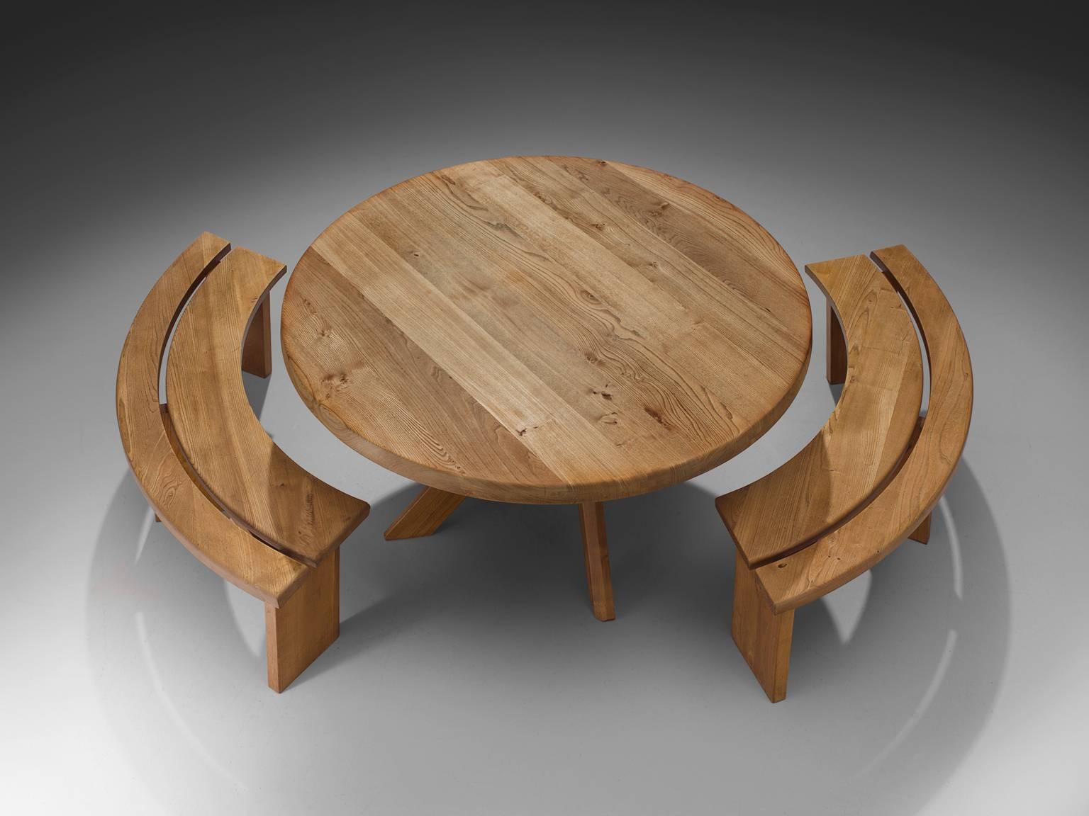Mid-Century Modern Pierre Chapo Dining Set with 'Sfax' Round Table T21C and Benches S38A