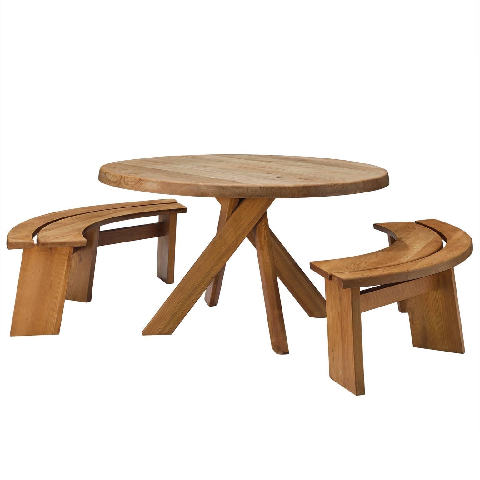 Pierre Chapo Dining Set with 'Sfax' Round Table T21C and Benches S38A