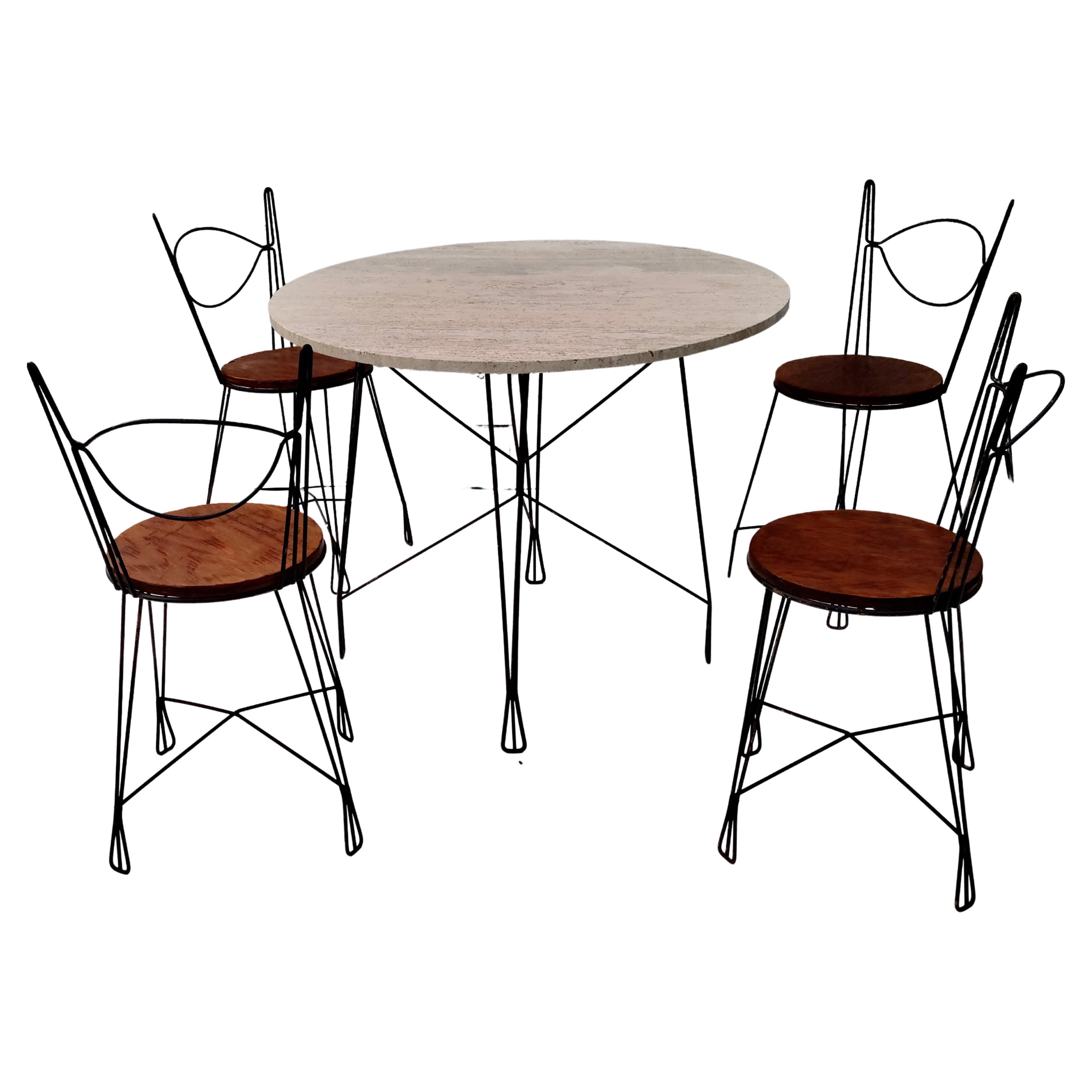 Wrought Iron Dining Set by Tony Paul Iron Wire Travertine Raymor For Sale