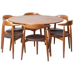 Dining Set with a Table and Six Heart Chairs by Hans Wegner for Fritz Hansen