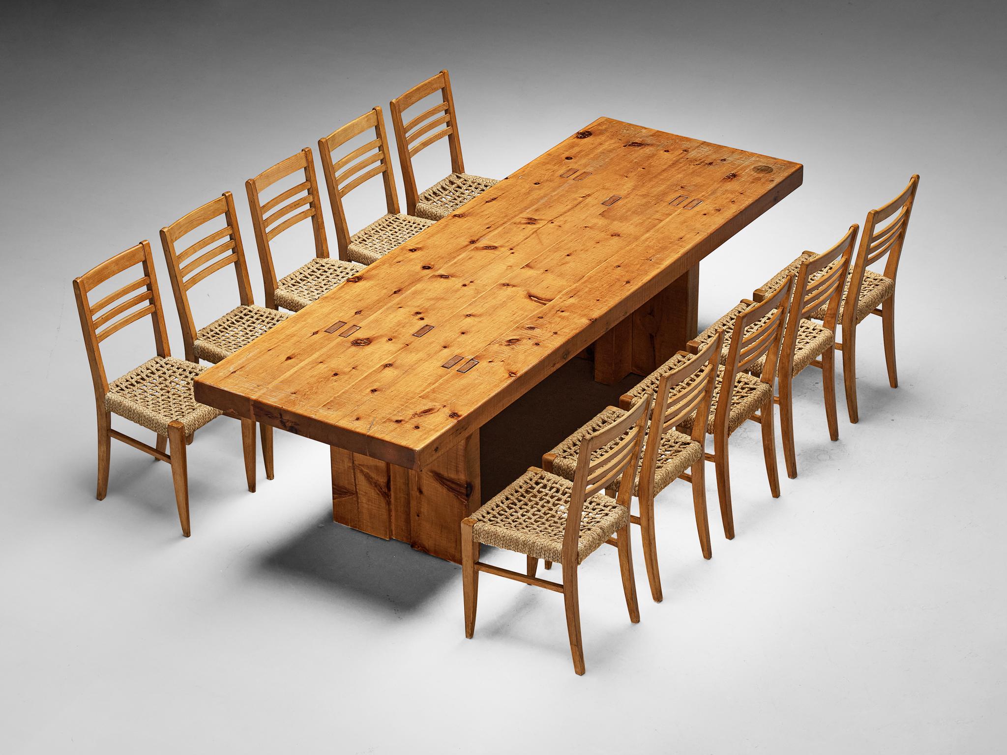 Adrien Audoux and Frida Minet for Vibo, set of ten dining chairs, beech, rope hemp, France, late 1940s 

Set of ten naturalistic dining chairs designed by Adrien Audoux and Frida Minet. The seats are made of woven hemp from the abaca plant which is