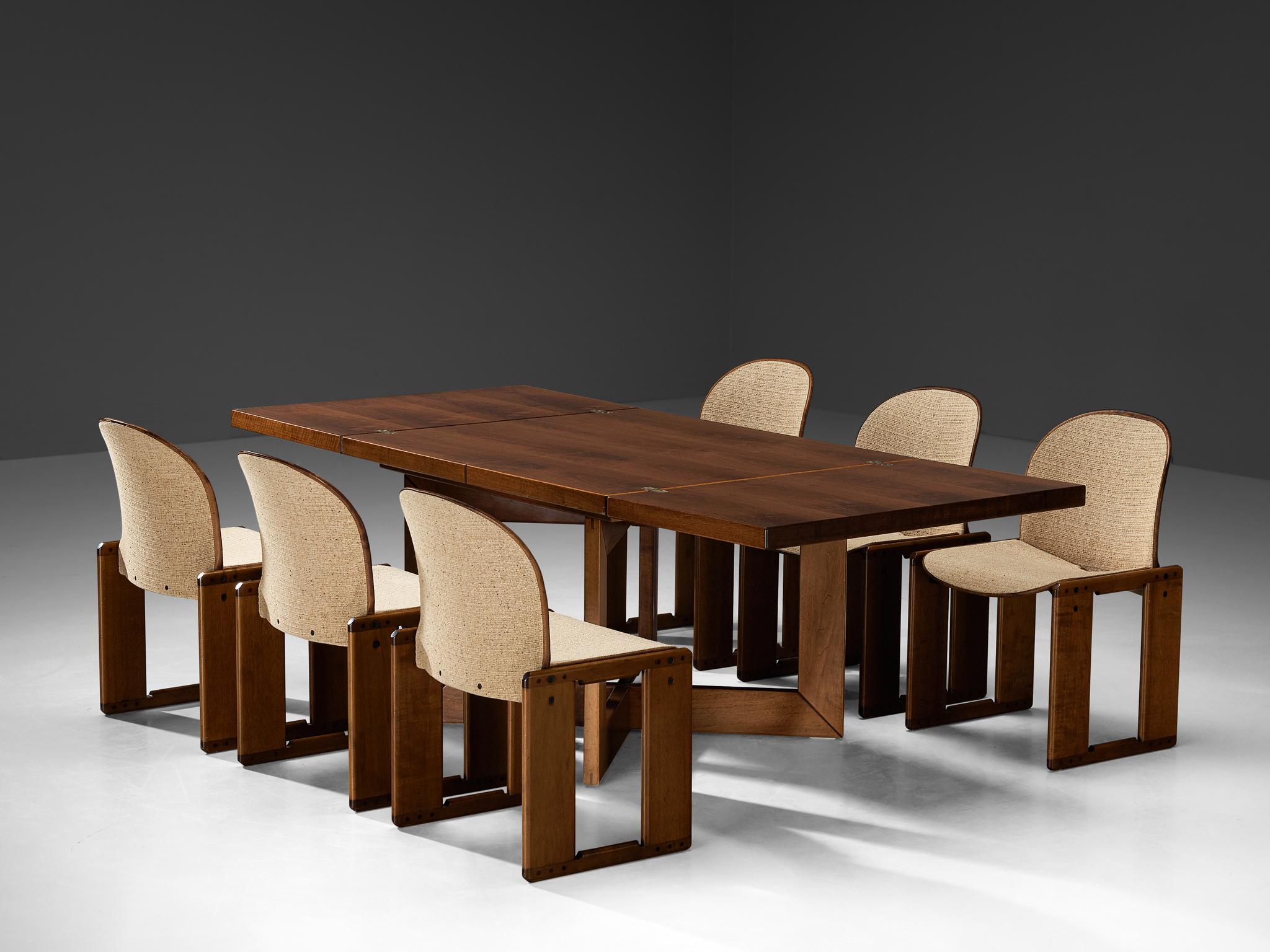 Lovely dining set executed in walnut wood consisting Afra and Tobia Scarpa for B&B ‘Dialogo’ dining chairs and Ferdinando Meccani 'Libro' dining table.

Afra and Tobia Scarpa for B&B, set of six ‘Dialogo’ dining chairs, walnut, fabric, leather,