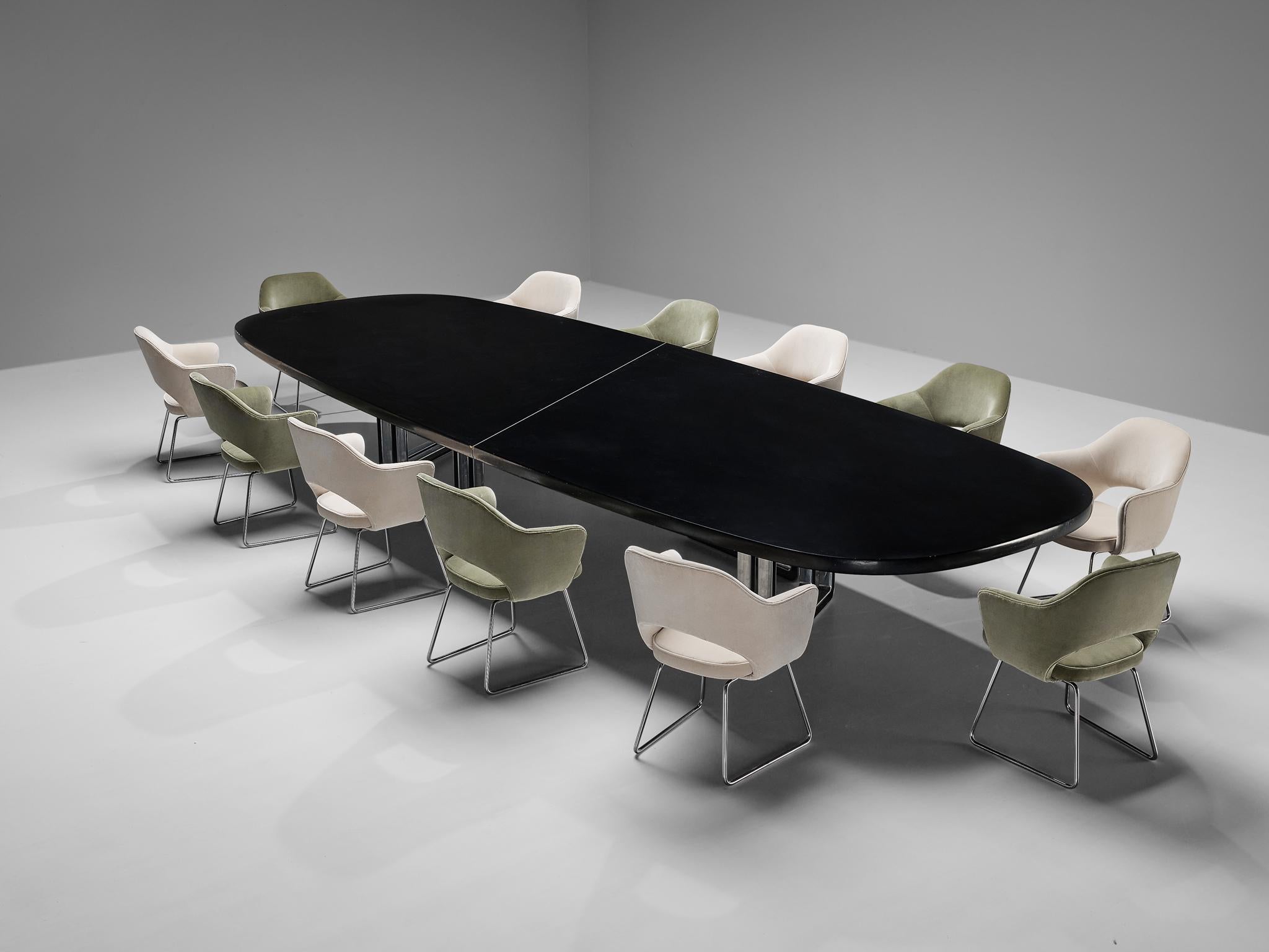 Centro Progetti Tecno, dining or conference table model 'T335', lacquered wood, aluminum, Italy, 1975-1978

Large dining or conferenced table with a black lacquered wooden top that has an incredibly soft texture. The table is composed of two parts
