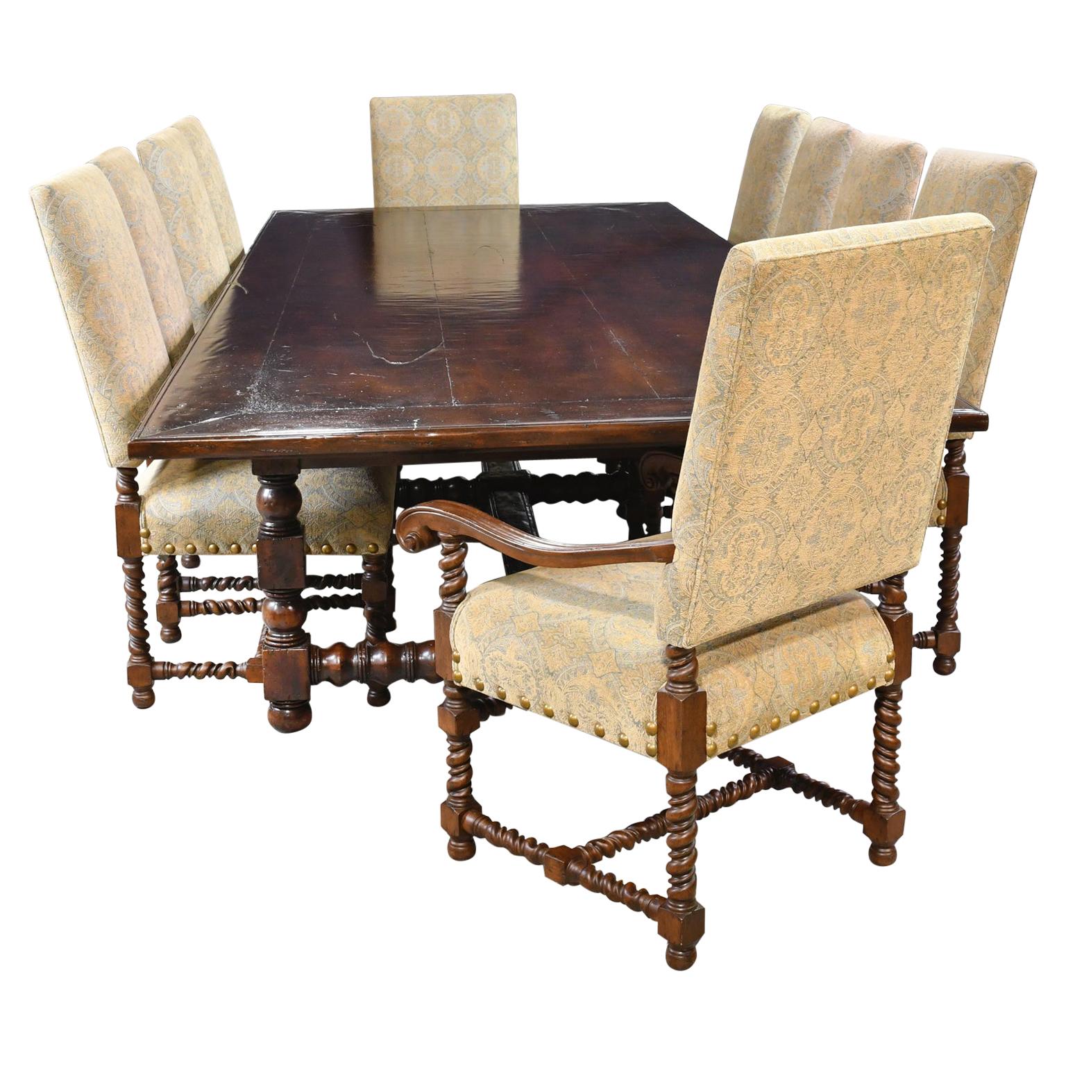 Dining Set with 12' Long Mahogany Table & 10 Upholstered Chairs with Turned Legs