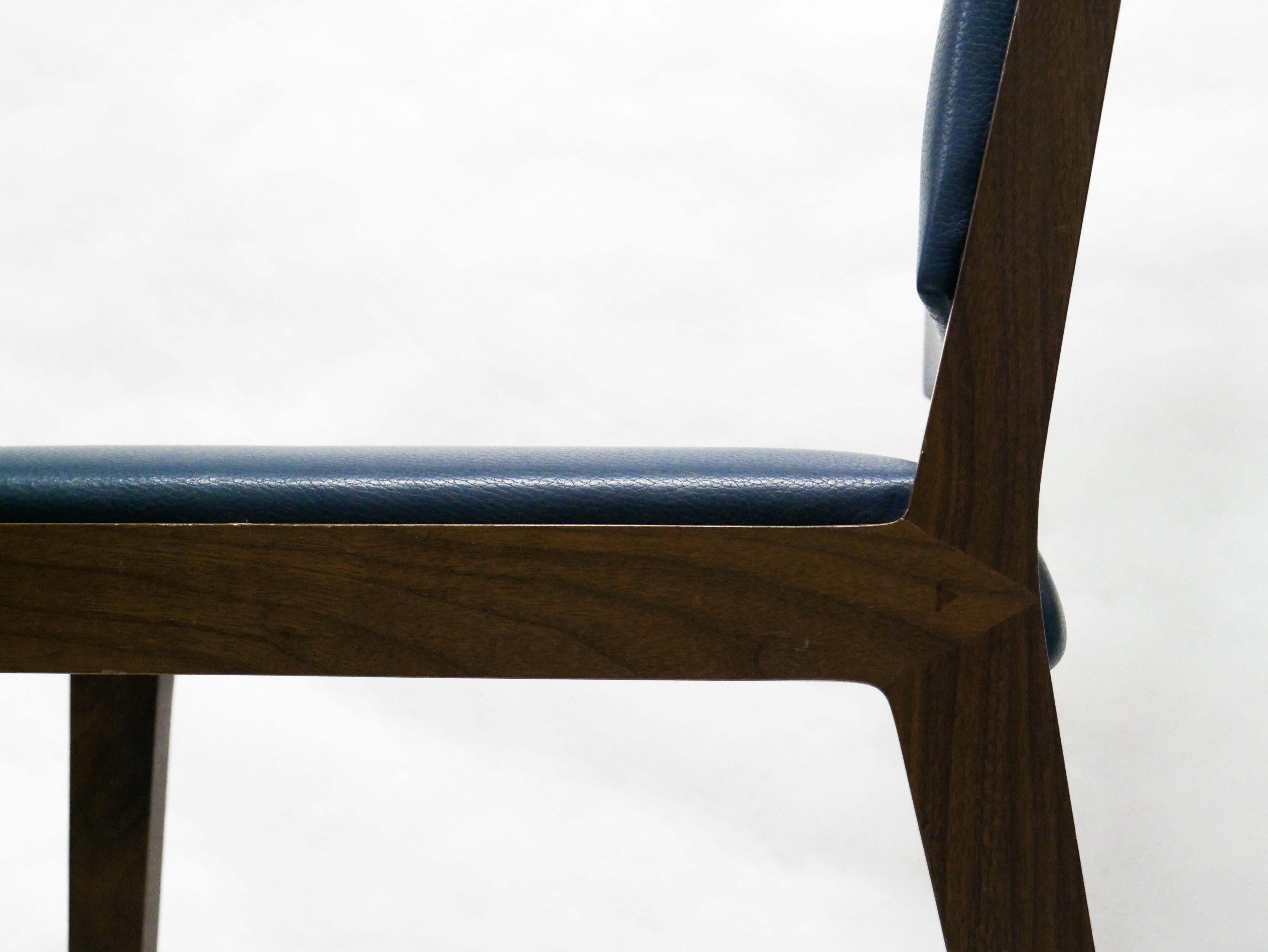 Contemporary Dining Sidechair with in Blue Leather with Mahogany Wood Frame For Sale