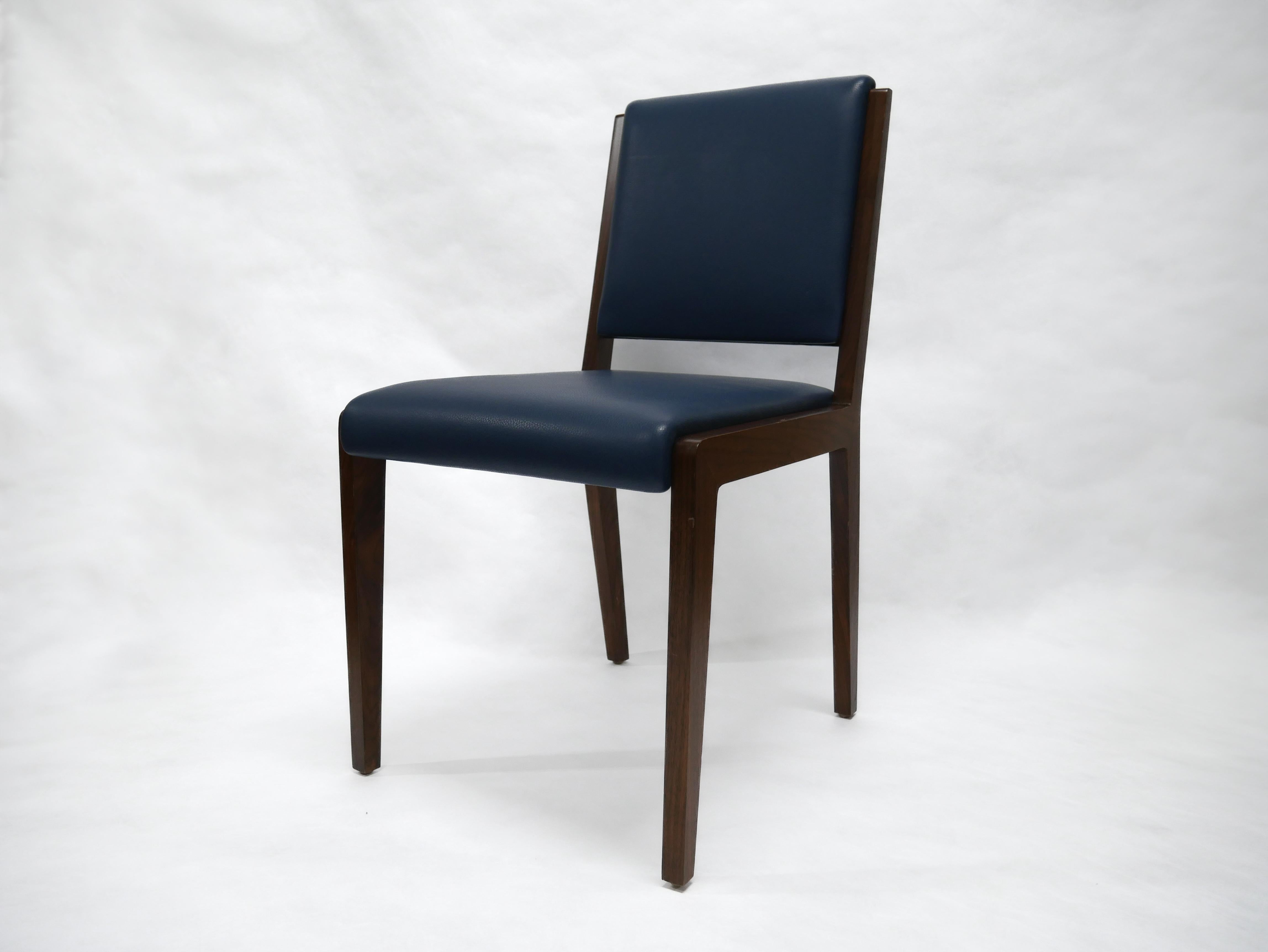 Dining Sidechair with in Blue Leather with Mahogany Wood Frame For Sale 1