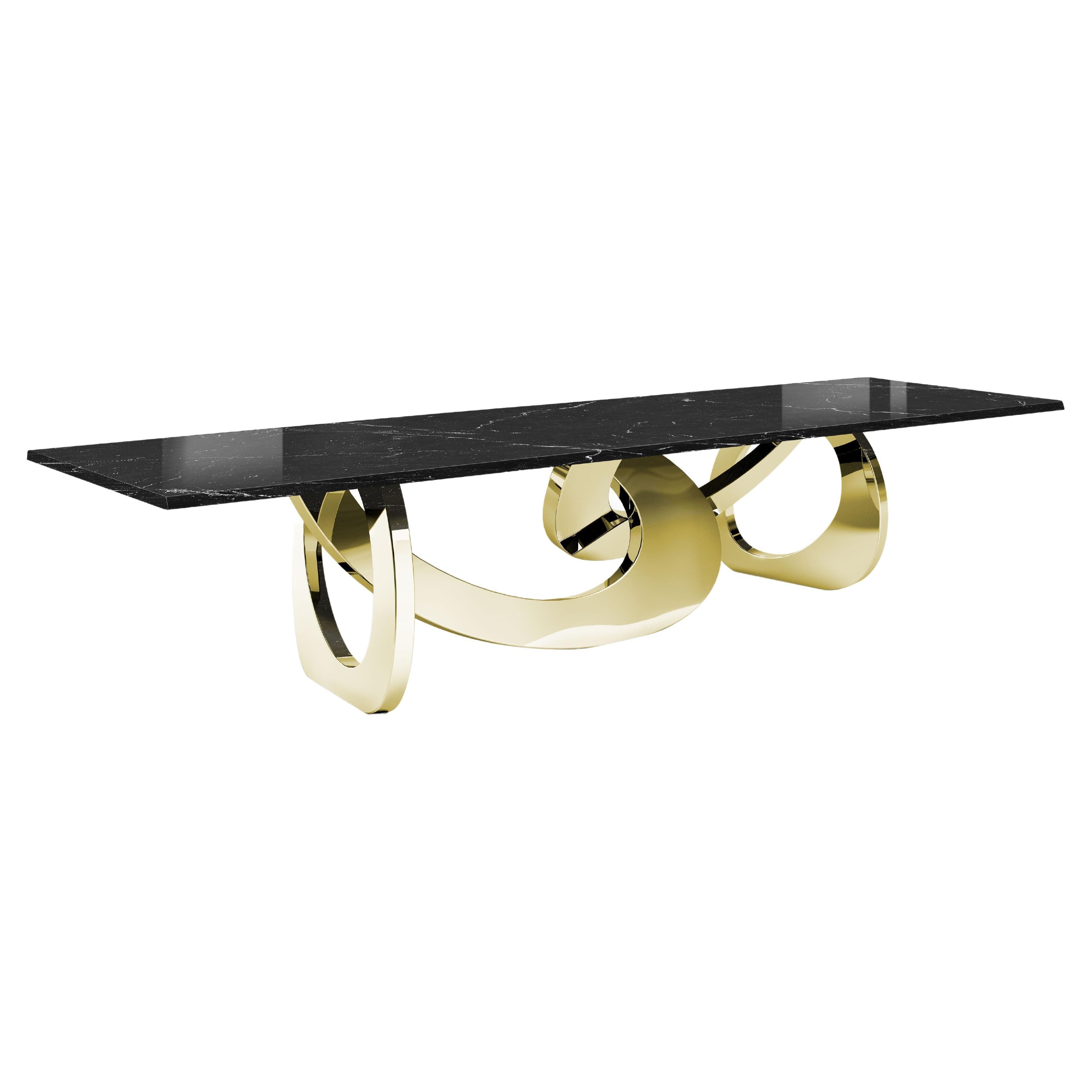 Dining Table 24 Kt Gold Mirror Steel Metal Rings Black Marquina Marble Italy
