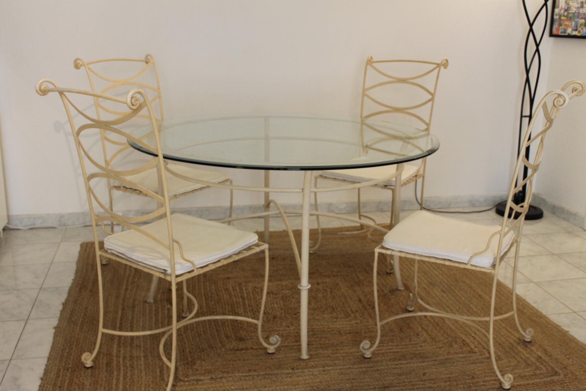 Belle Époque Dining Table, 4 Chairs, Wrought Iron, 1980 For Sale
