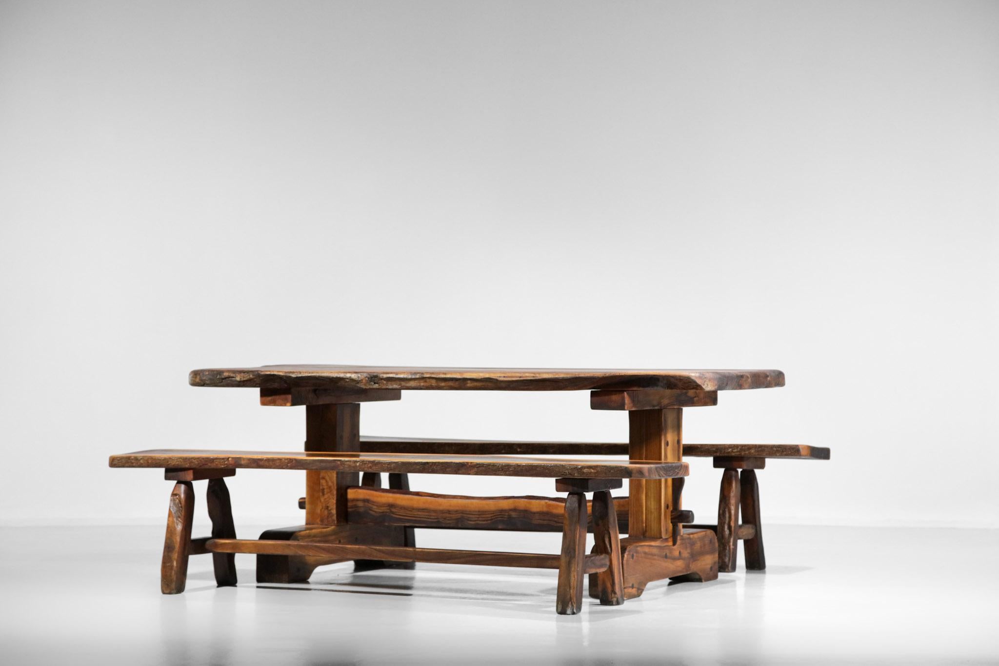 Dining Table and Benches in Solid Olive Wood 60 Brutalist Design French Massive For Sale 3